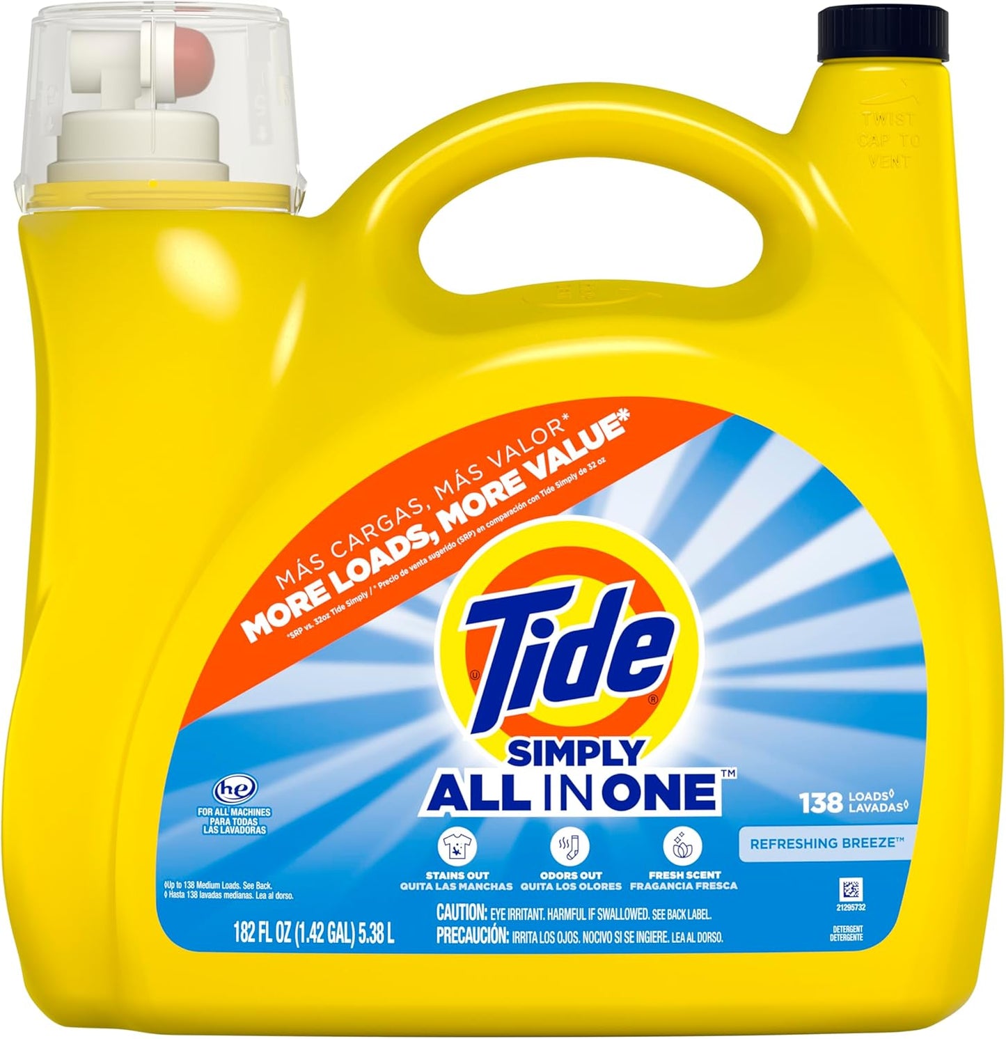 Tide Simply Liquid Laundry Detergent, Refreshing Breeze Scent, 138 Loads, 182 fl oz, All-In-One Detergent