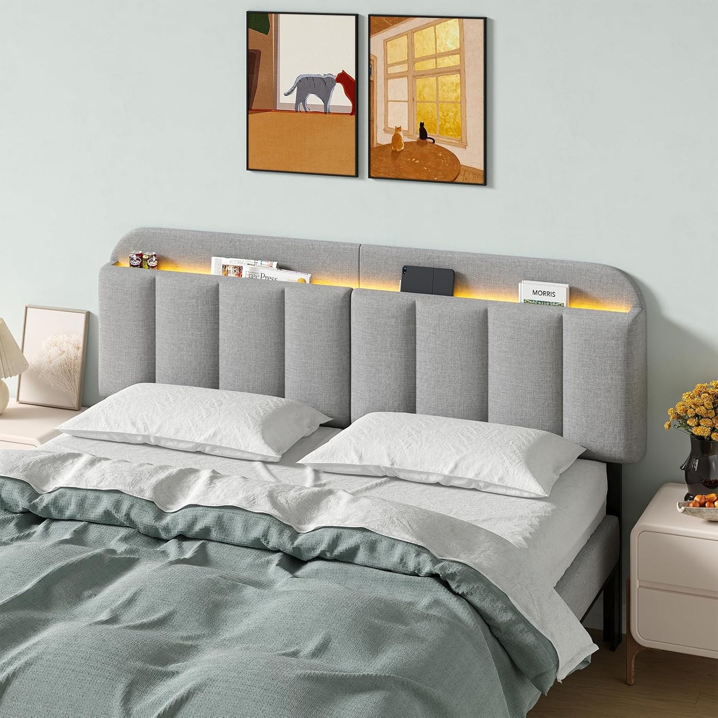 ONBRILL Adjustable Headboard for King/California King Size Bed Frame, Linen Fabric Bed Headboard with Storage & RGB LED Light in Modern Vertical Channel Design, Light Grey