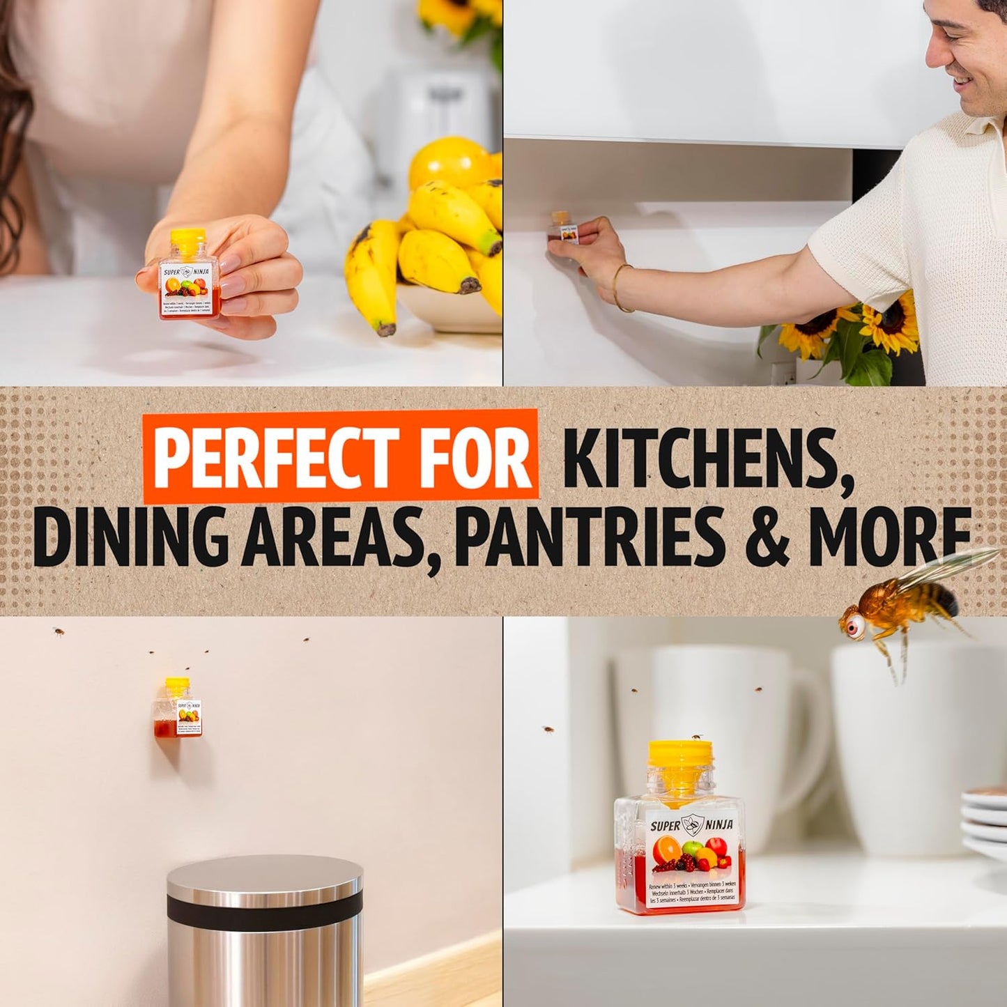 Super Ninja Fruit Fly Traps for Indoors - 4 Pack, Highly Effective Fruit Fly Catcher for Indoor Use for Home & Kitchen, Up to 3 Weeks of Performance per Bottle, Kid & Pet Friendly