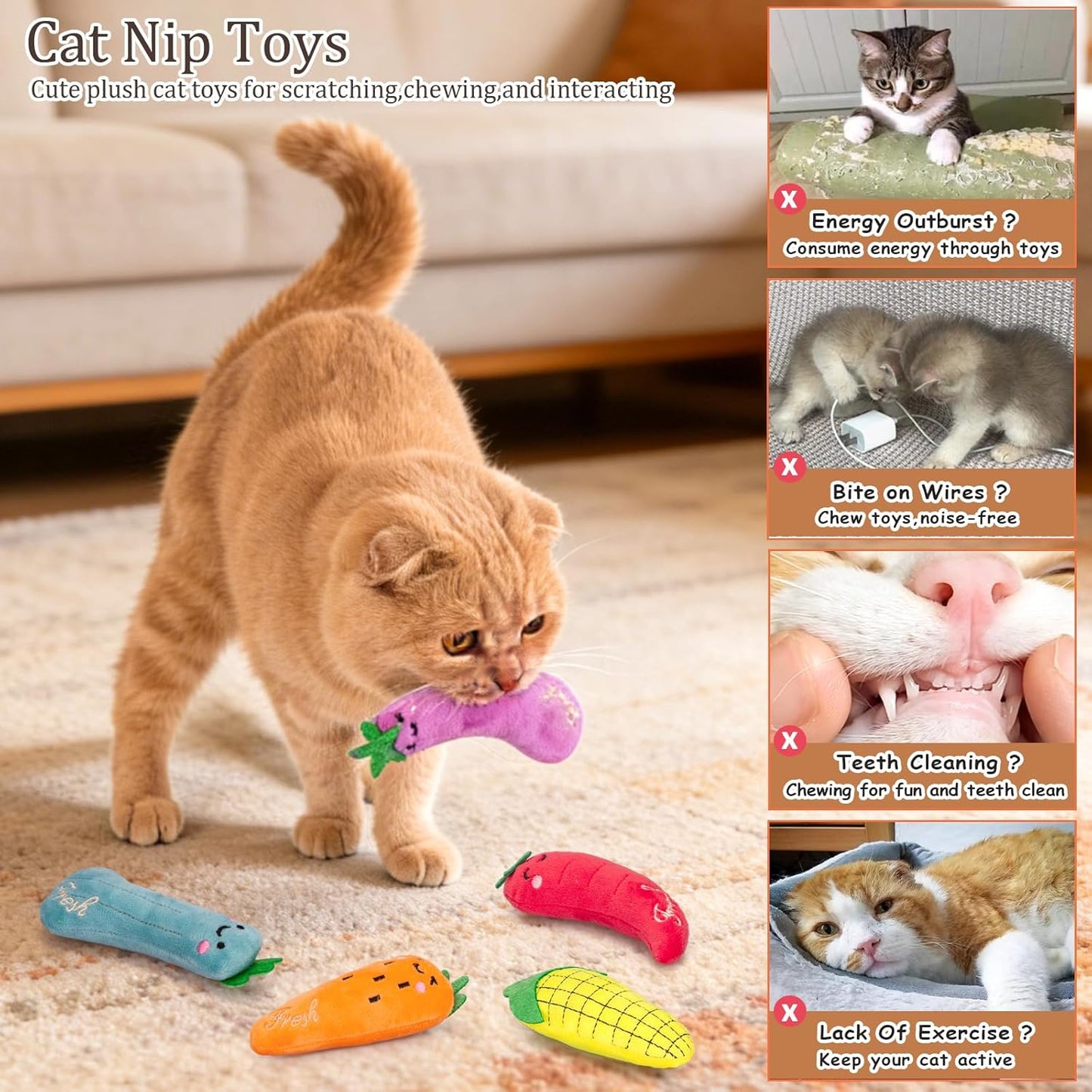Catnip Cat Toys, Cat Nip Kitten Toy for Indoor Cats Kitty Kicker, Durable Kitten Teething Chew Toy, 5 Pack, Vegetable Shape
