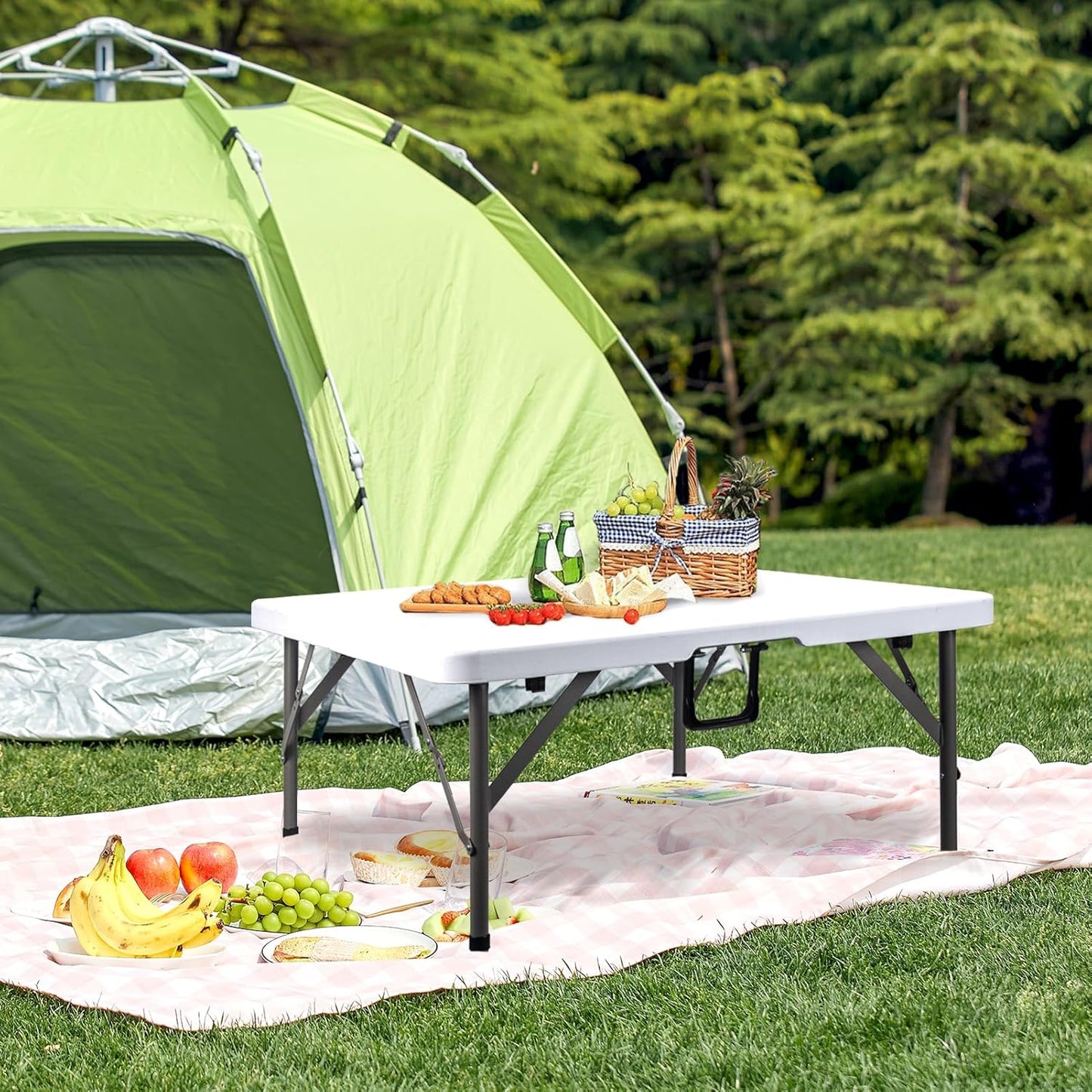 34" Square Folding Card Table, Fold-in-Half Utility Dining Portable Table Heavy Duty HDPE White Plastic Foldable with Carrying Handle Indoor Outdoor for Picnic, Camping, Party