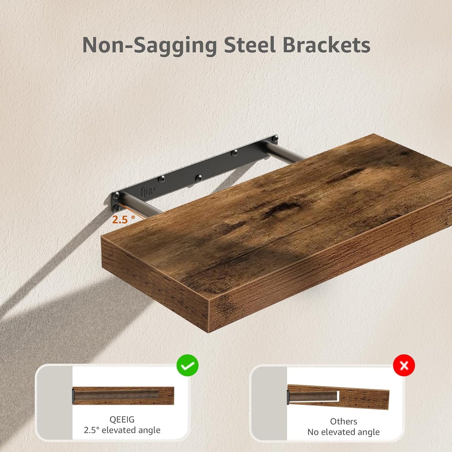 QEEIG Bathroom Floating Shelves for Wall - 15.7" Wall Mounted Shelf Over Toilet Farmhouse Home Decor Display Bookshelf Small 15.7 x 6.7 inch Set of 2, Rustic Brown (008-40BN)