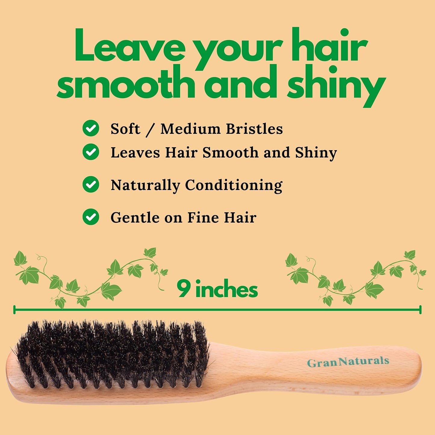 GranNaturals Boar Bristle Slick Back Hair Brush - Soft/Medium Smoothing Hairbrush to Style, Polish, & Lay Hair Down Flat to Create a Sleek Frizz Free Hairstyle for Women and Men - Wooden Handle