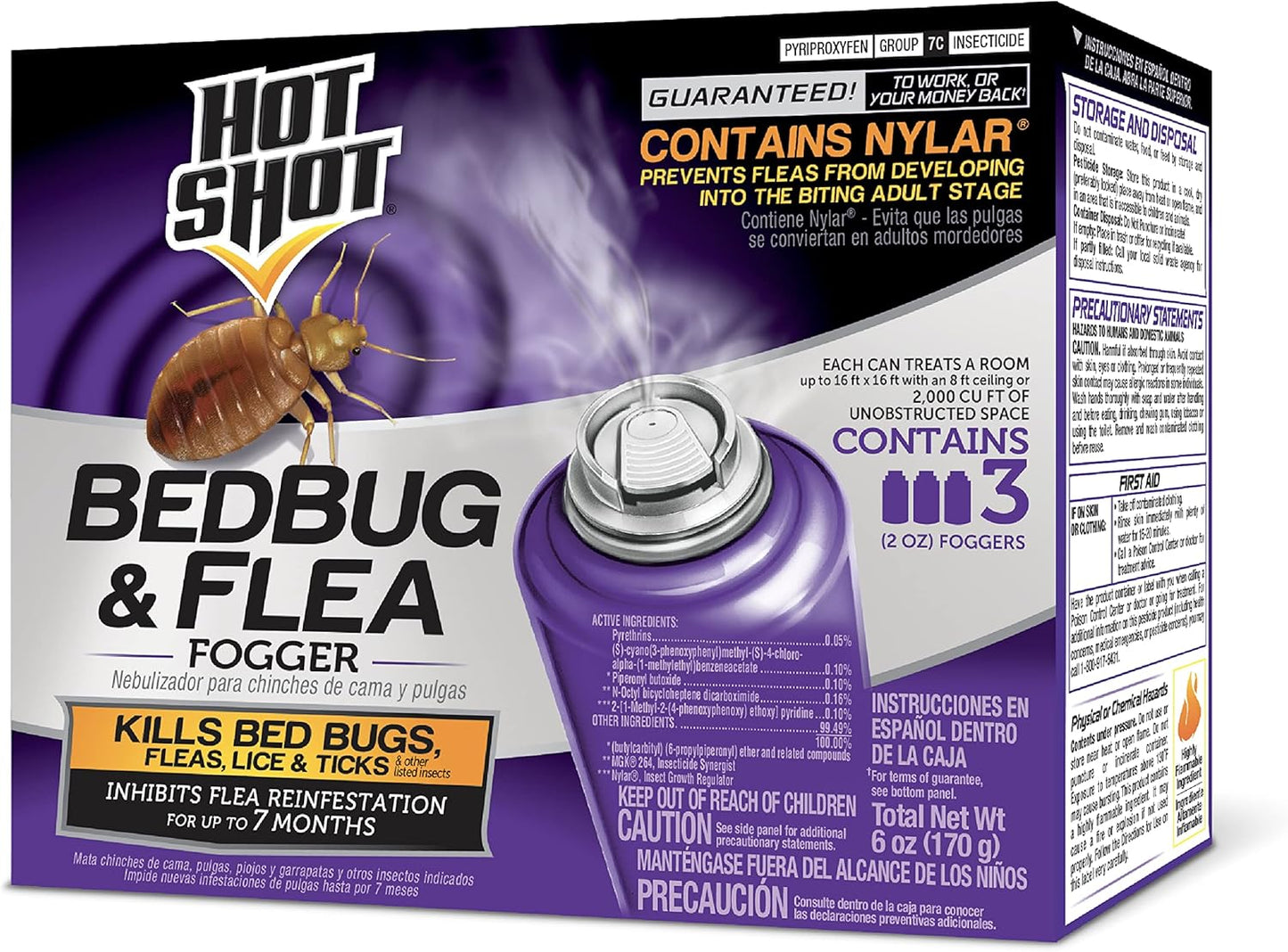 Hot Shot BedBug And Flea Fogger 3 Count-2 Ounce Cans, With Nylar, Inhibits Flea Reinfestation