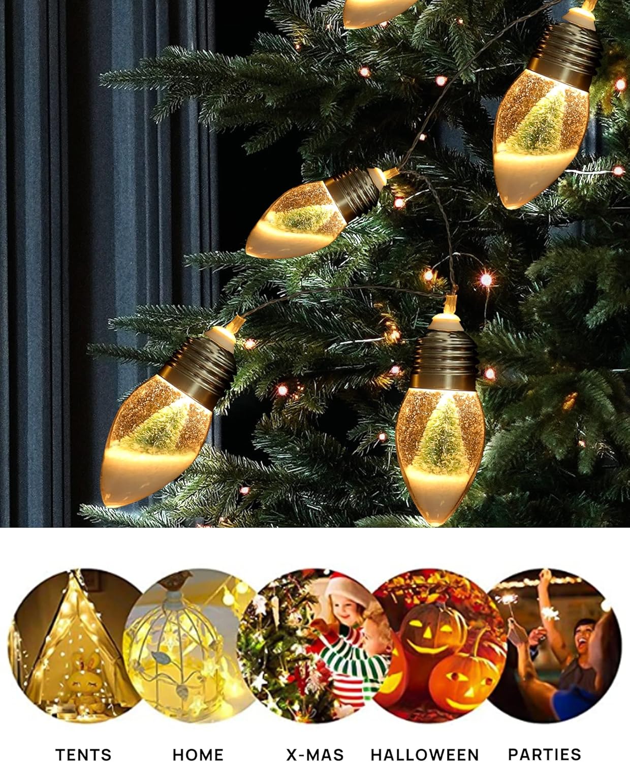 2Pcs Christmas Snow Globe String Lights Indoor Decorations 6.6 FT Battery Operated Powered String Lights for Christmas Tree Snow Scene in 20 Clear Bulbs Decor for Home Bedroom Fireplace Xmas Lights
