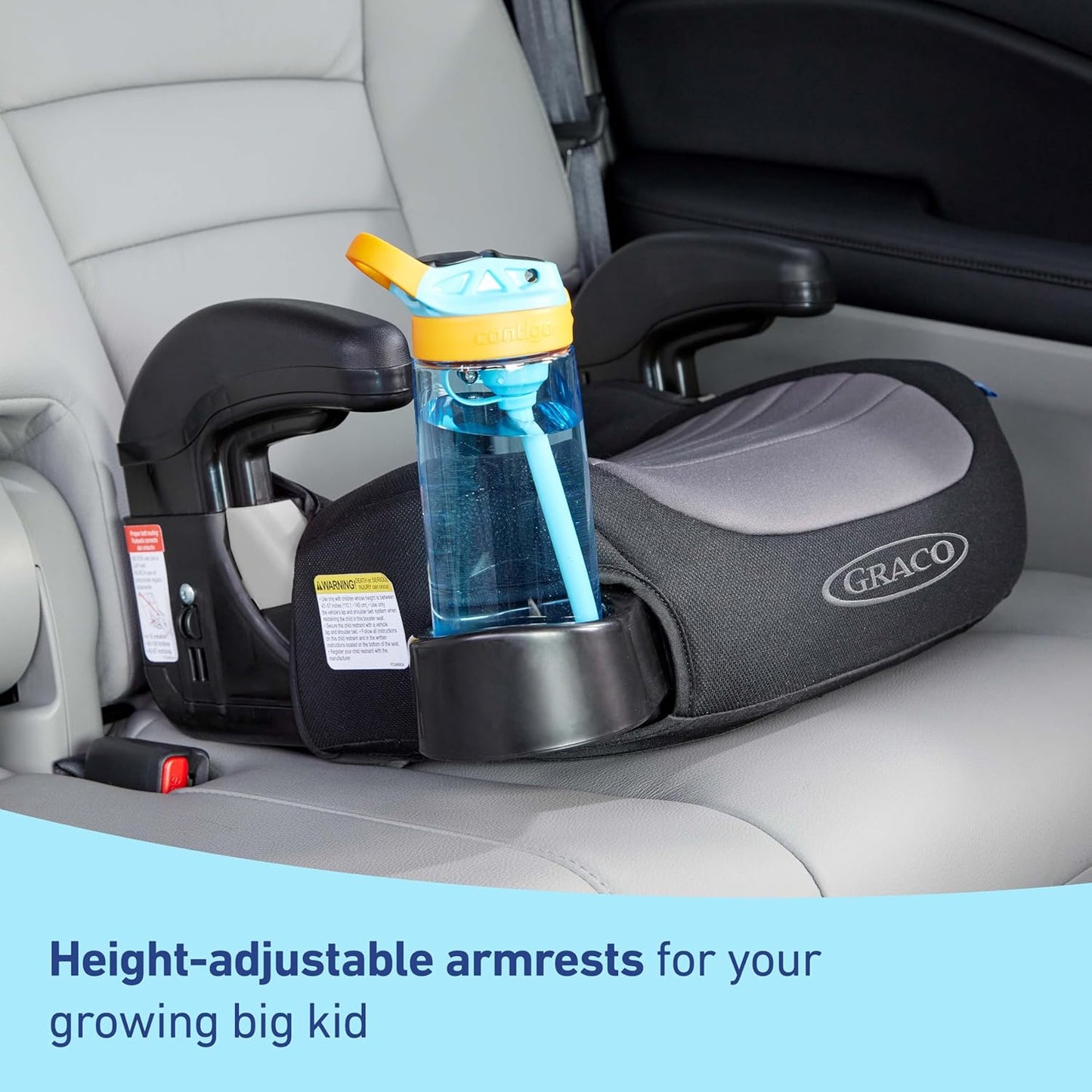 Child car seat with height-adjustable armrests and a blue sippy cup inside, featuring the Graco brand.