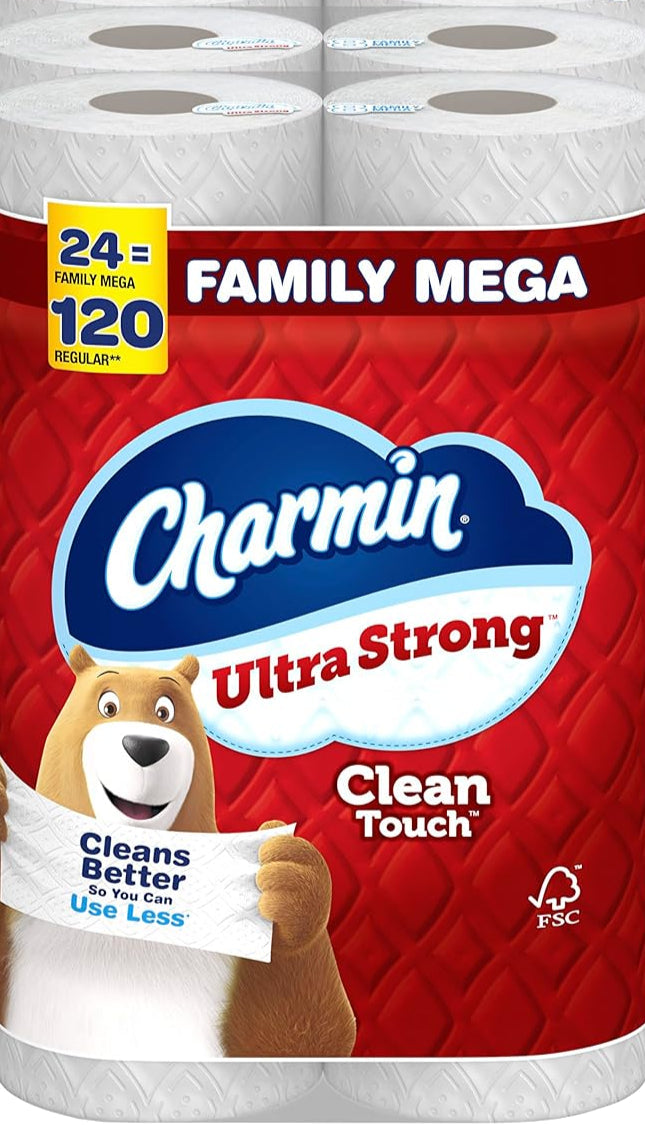 Charmin Ultra Strong Clean Touch Toilet Paper, 24 Family Mega Rolls = 120 Regular Rolls