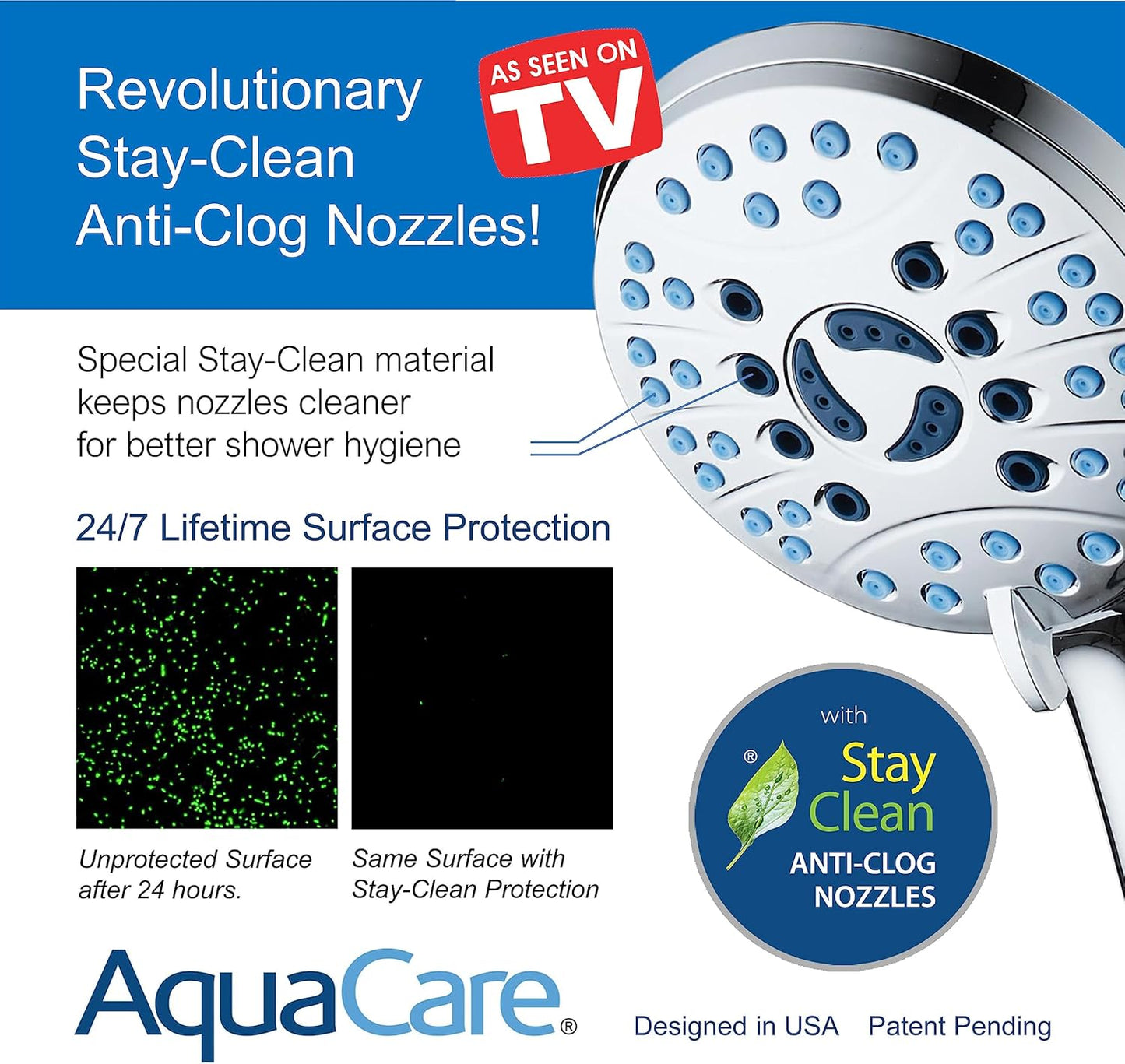 AquaCare High Pressure 8-mode Handheld Shower Head - Anti-clog Nozzles, Built-in Power Wash to Clean Tub, Tile & Pets, Extra Long 6 ft. Stainless Steel Hose, Wall & Overhead Brackets