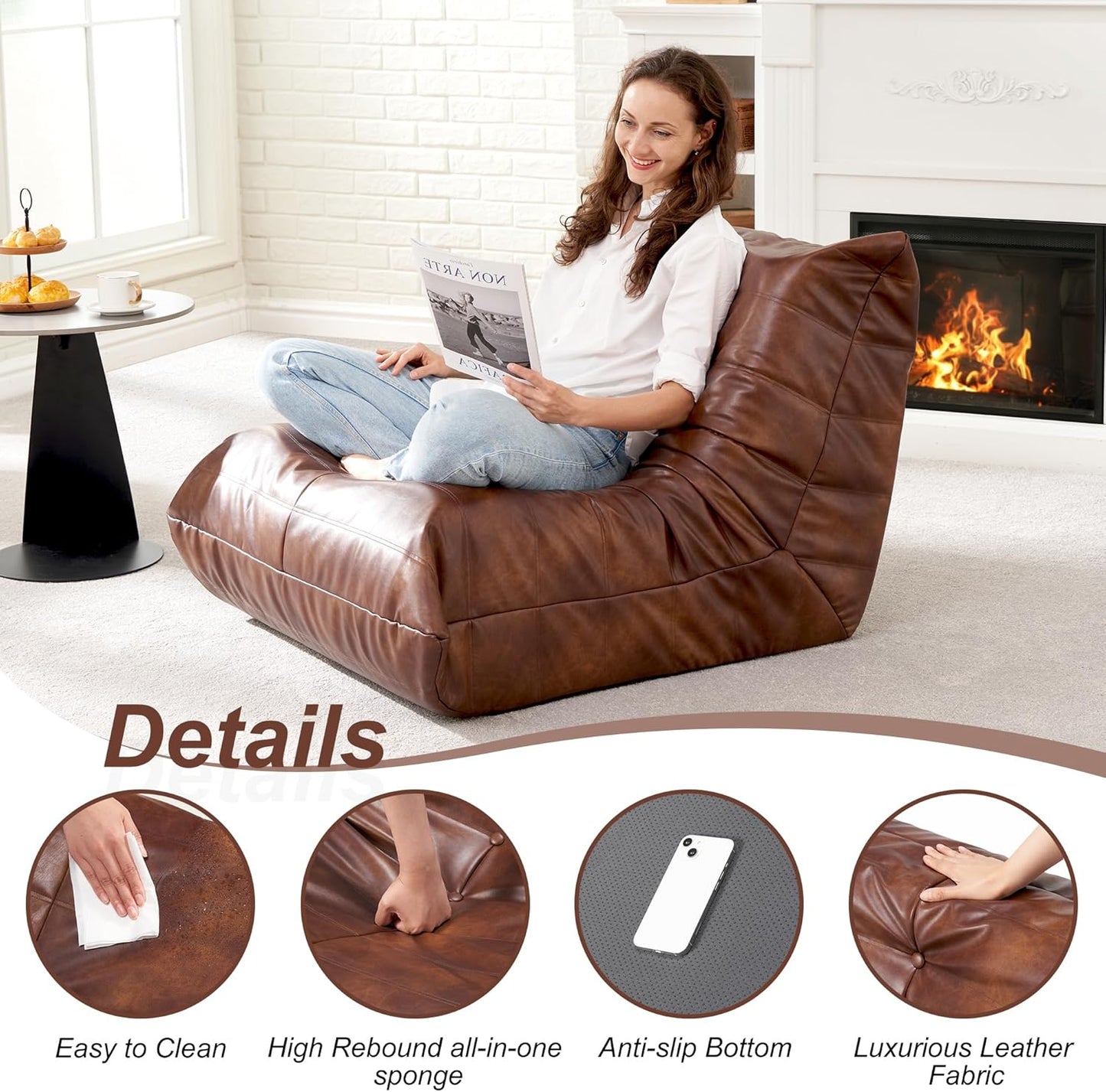 Hobestluk Giant Bean Bag Chair Lazy Floor Sofa, Memory Foam Fireside Sofa for Adults, Big Beanbag Faux Leather Armless Chair for Living Room Bedroom Dorm Office (Brown, Single)