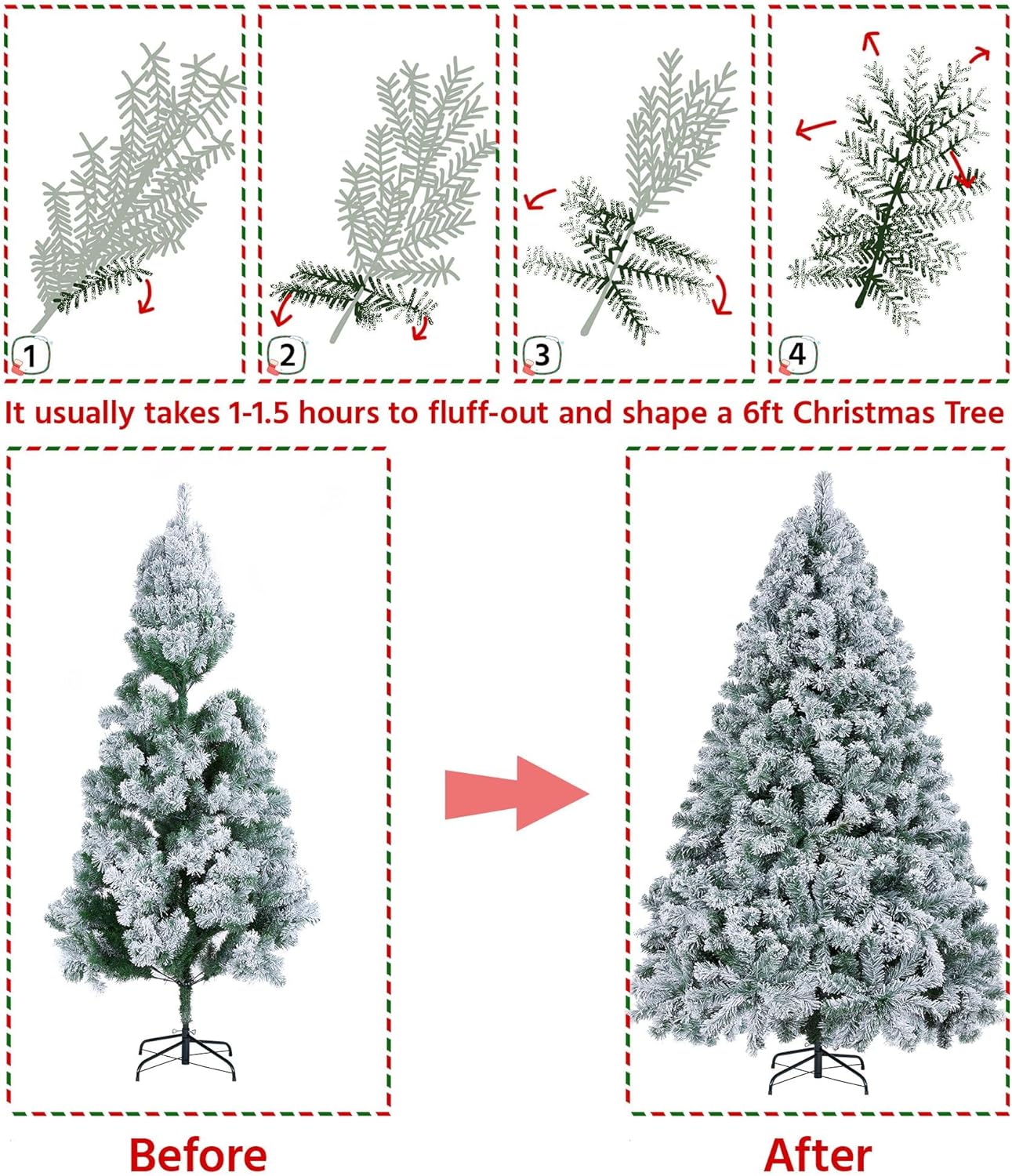 Yaheetech 6ft Pre-lit Artificial Christmas Tree with Incandescent Warm White Lights, Snow Flocked Full Prelighted Xmas Tree W/820 Branch Tips, 250 Incandescent Lights & Foldable Stand, Green & White