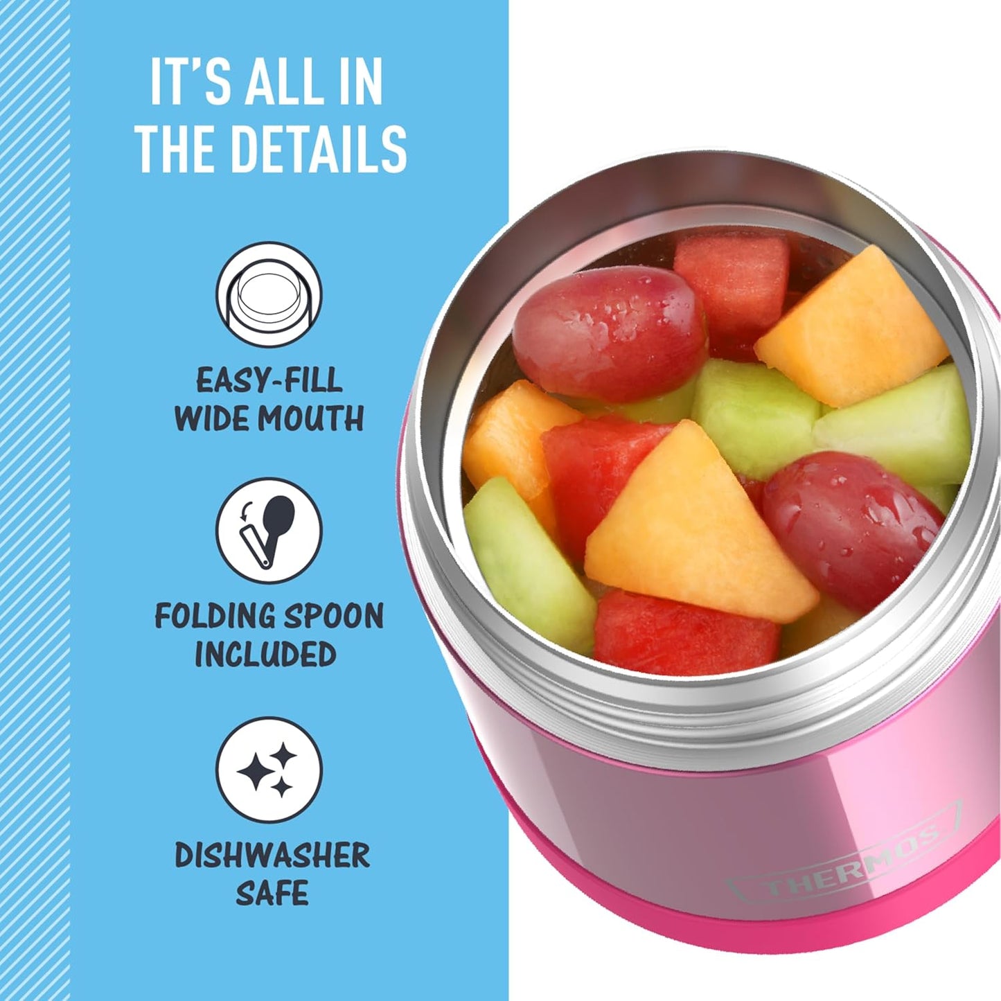 THERMOS FUNTAINER Insulated Food Jar, 10 Ounce, Kid Friendly Food Jar with Foldable Spoon, Pink