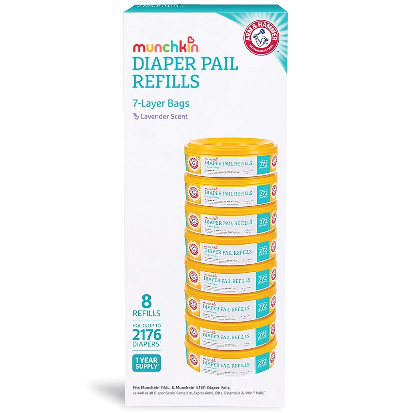 Munchkin® Arm & Hammer Diaper Pail Refill Rings, Holds up to 2,176 Newborn Diapers, 8 Pack