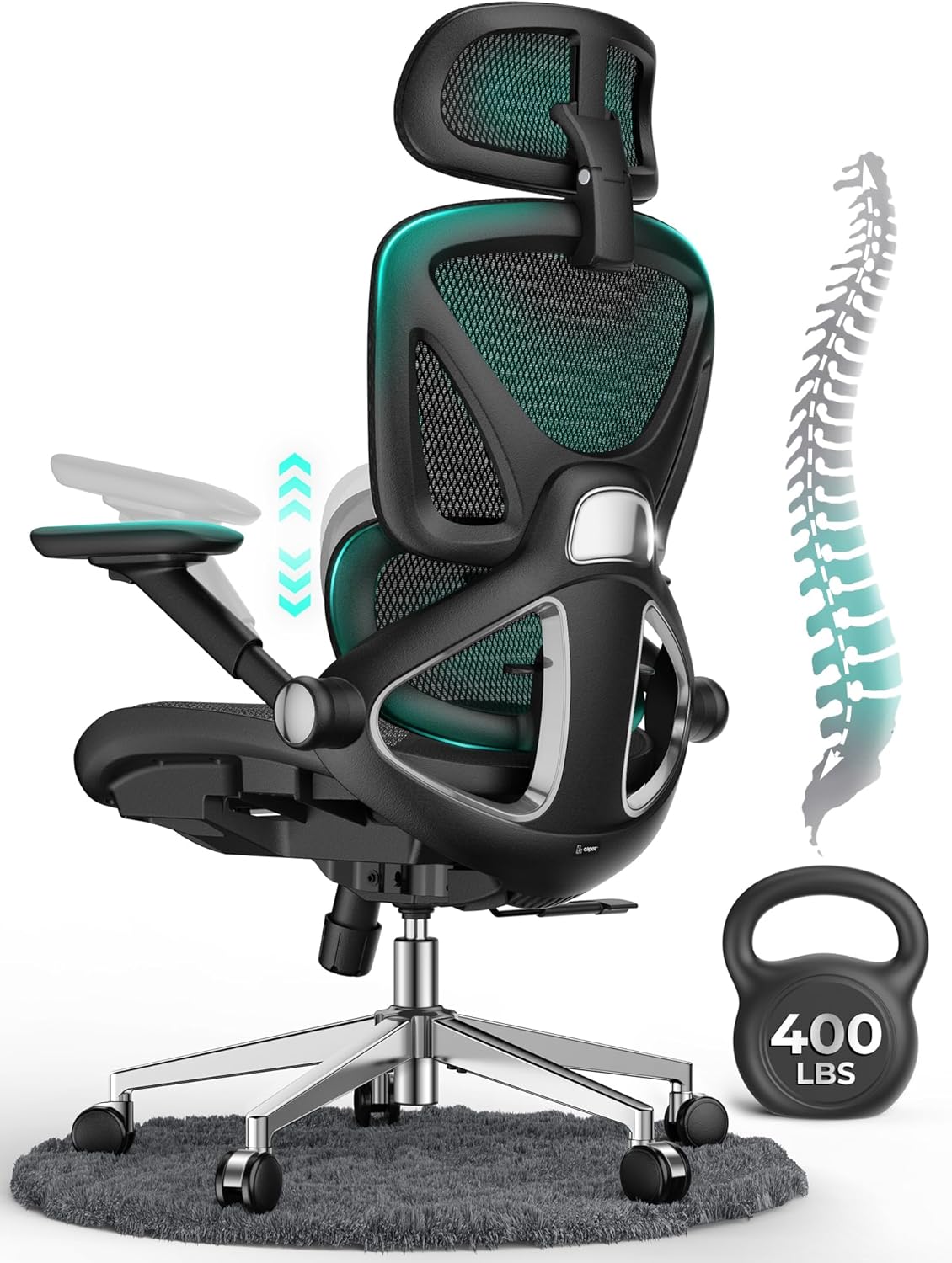 CAPOT Ergonomic Mesh Office Chair, Adjustable Lumbar High Back Desk Chair 400lbs, 4D Flip-up Arms, 3-Level Tilt Backrest, 3D Headrest, PU Wheels, Swivel Rolling Computer Chair for Long Desk Work
