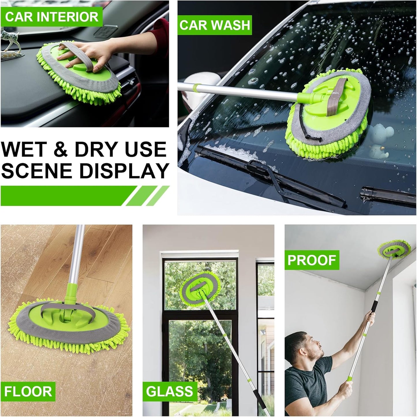 Ordenado 62" Car Wash Brush Kit Mitt Mop Sponge with Long Handle Chenille Microfiber Car Cleaning Brush Kit Supplies Car Washing Mop Kit Car Care Kit of Scratch-Free Replacement Head for Car RV Truck