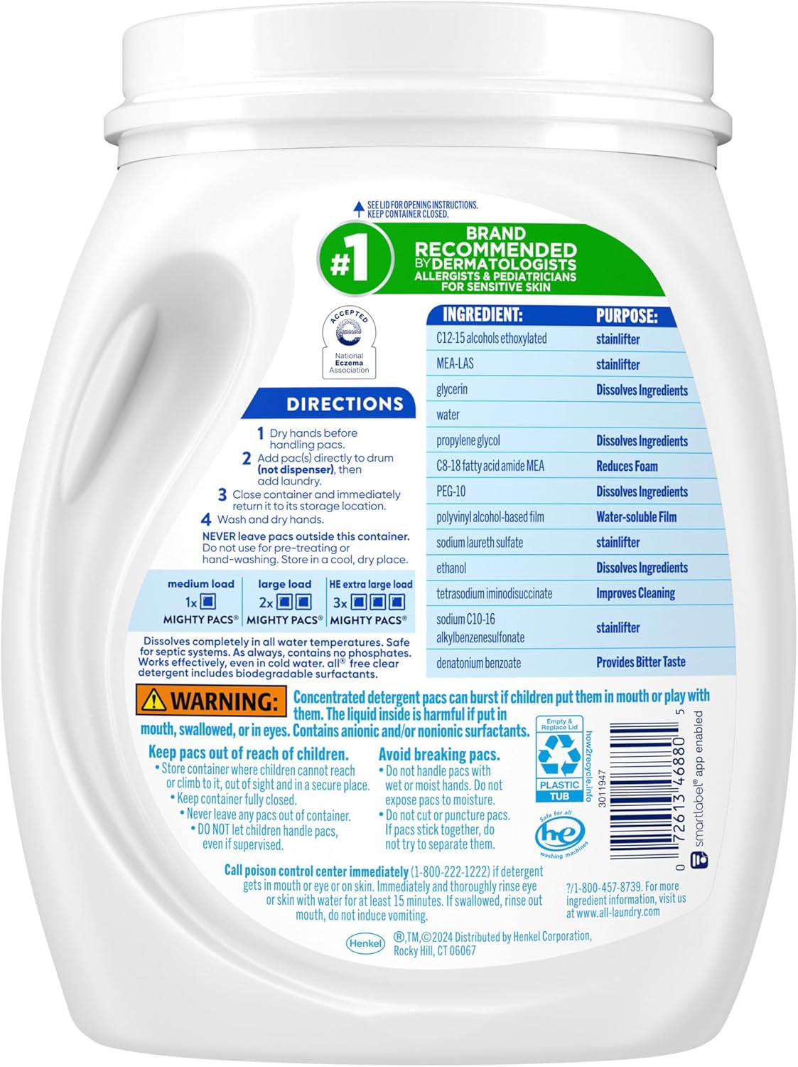 All Mighty Pacs Laundry Detergent, Free Clear for Sensitive Skin, Tub, 60 Count