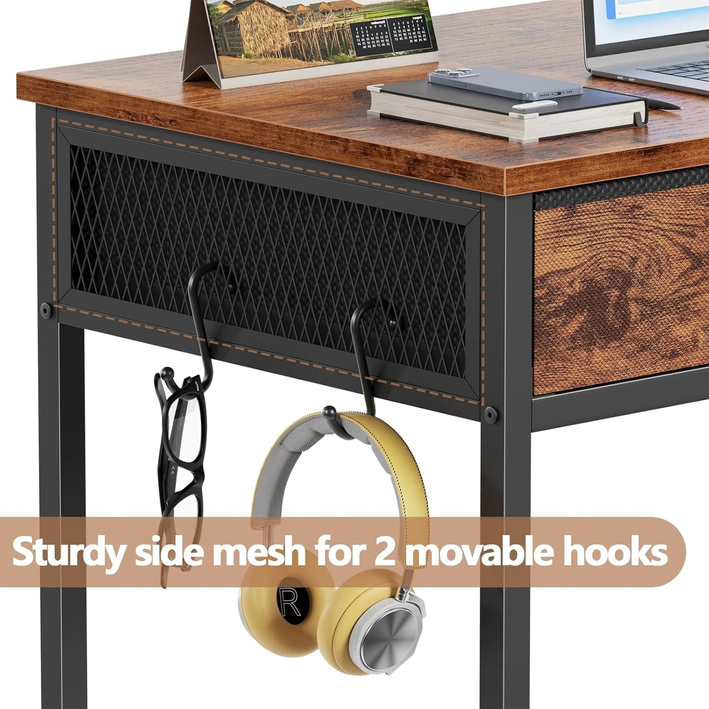 Furologee Small Computer Desk with 2 Fabric Drawers for Bedroom,34 Inch Home Office Writing Desk, Vanity Desk with Hooks, Simple Study Desk for Small Spaces, Makeup Dressing Table, Rustic Brown