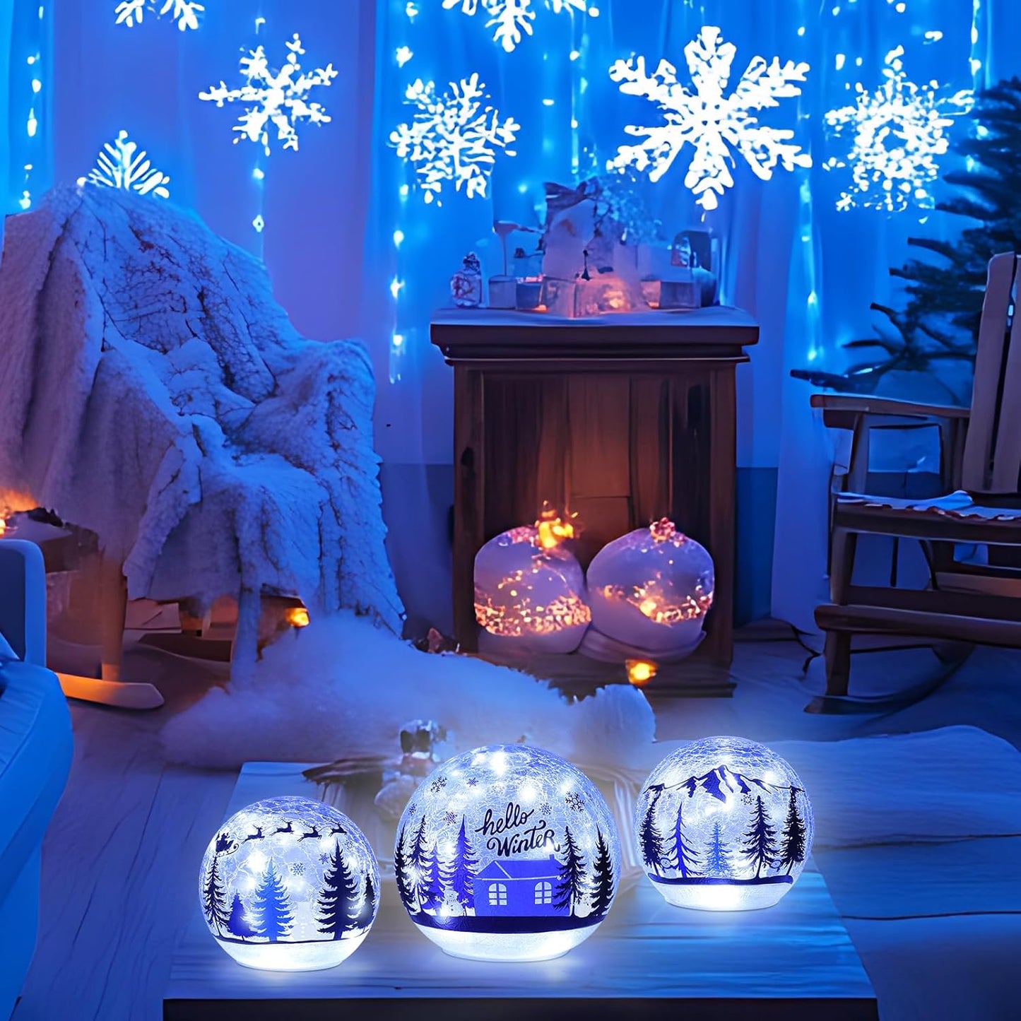 YEAHOME Christmas Decorations Indoor, Set of 3 Crackle Glass Ball with LED Lights Christmas Tree Snowman, Christmas Table Decorations Hello Winter Globes with Timer for Home Mantel Fireplace Decor