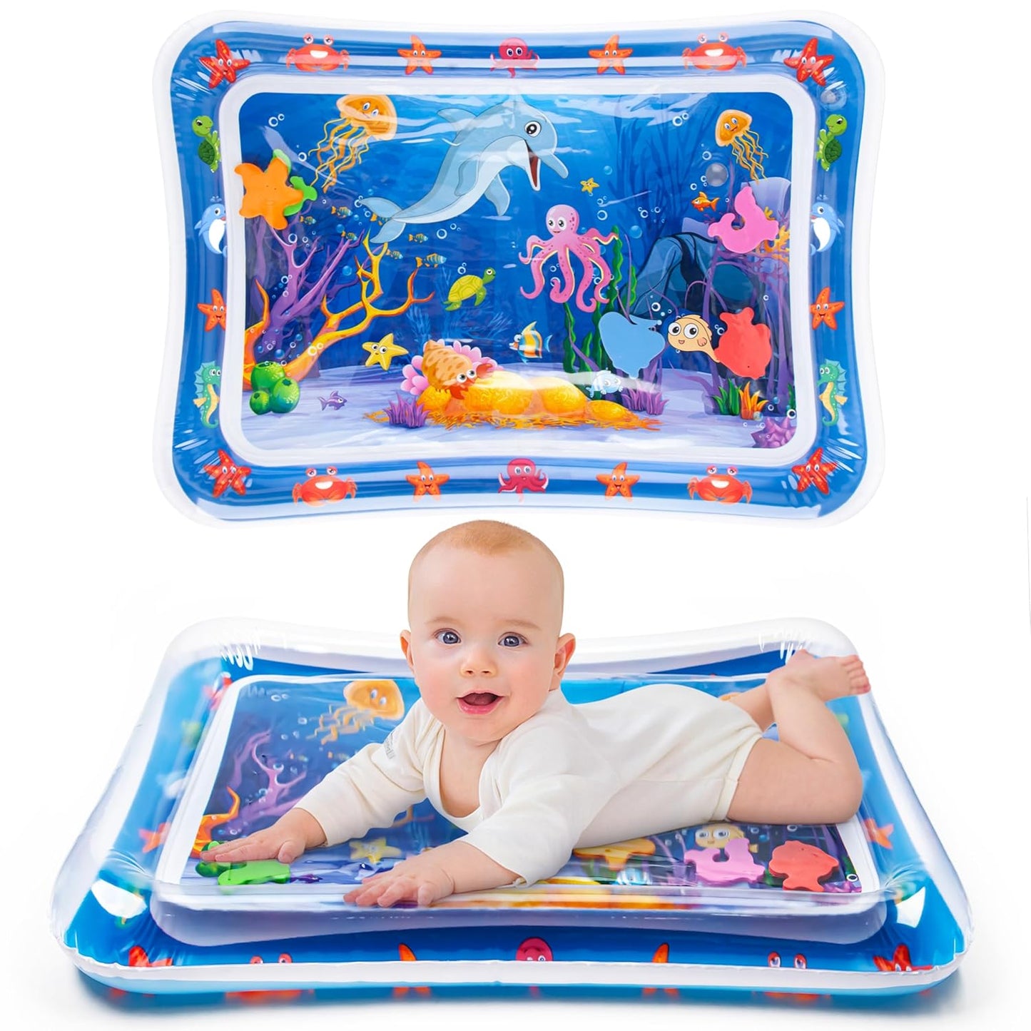 Baby playing on an inflatable water mat with ocean-themed design