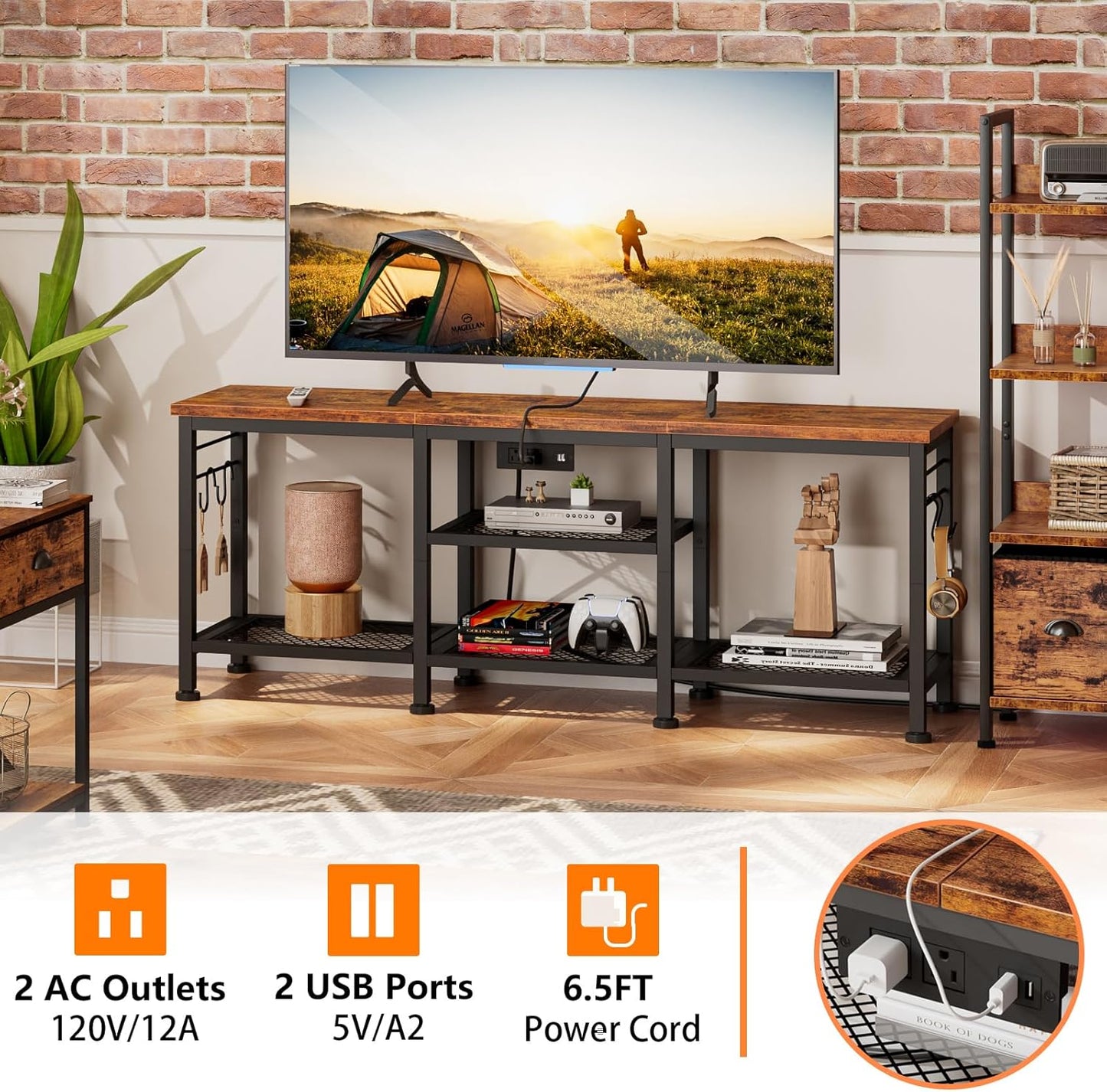 Furologee TV Stand with Power Outlets, Entertainment Center with Open Storage Shelves for TVs up to 55 Inch, Media Console Table with Soundbar Shelf for Living Room, Bedroom, Rustic Brown