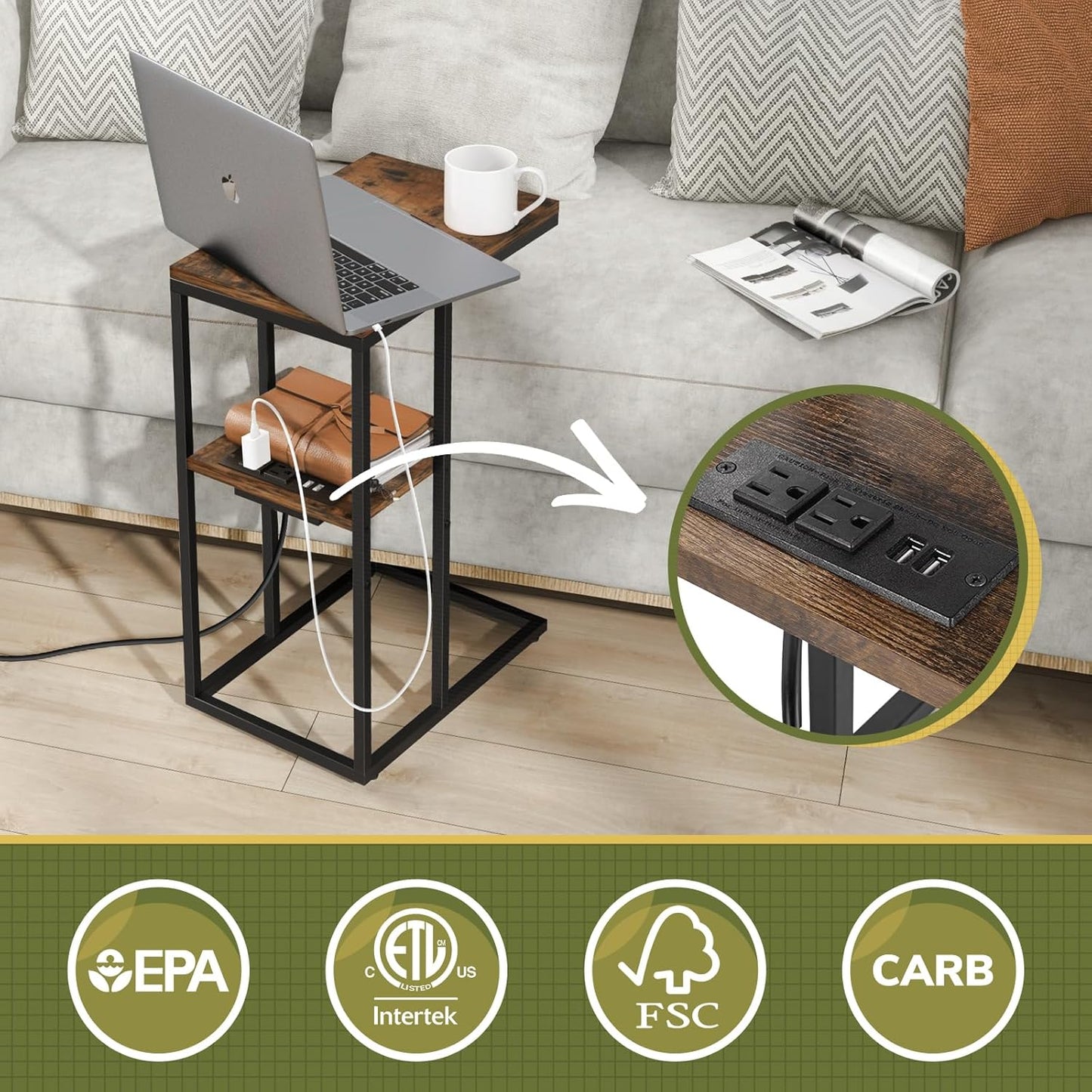 Yoobure C Shaped End Table with Charging Station, Small Side Table for Sofa,26" Tall Tv Tray Couch Table with Storage,Bedside Table with USB Ports and Outlets for Living Room, Bedroom, Rustic Brown