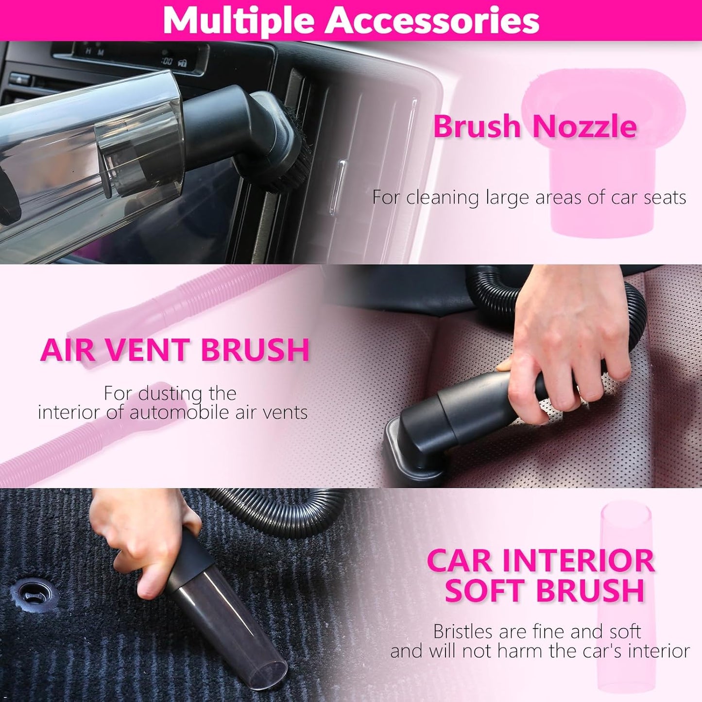 ThinkLearn Car Cleaning Kit, Car Vacuum Detailing Kit Interior with High Power Handheld Vacuum, Including 7Pcs Detailing Brush Set, Windshield Cleaner, Pink Car Accessories for Women
