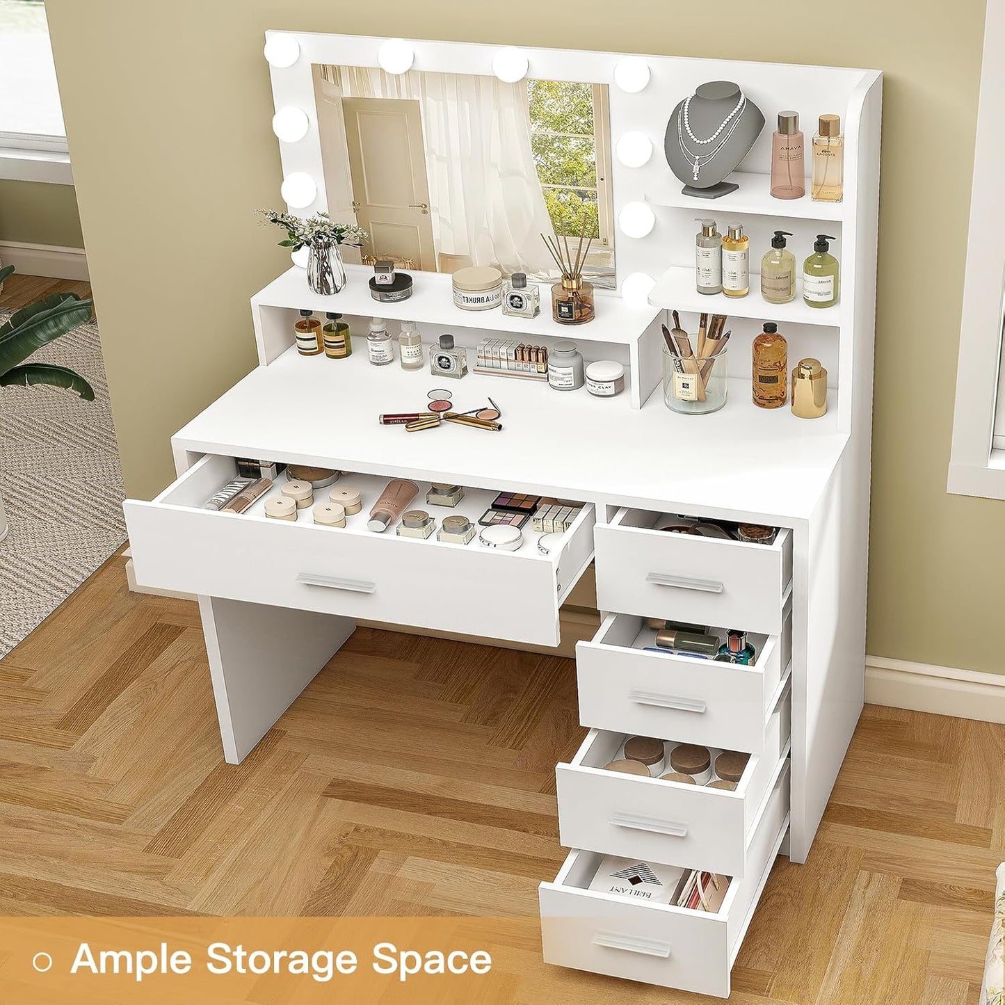Quimoo Vanity Desk with Mirror & Lights, Makeup Vanity with 5 Drawers & Storage Shelves, White Vanity Table, 3 Color Modes & Adjustable Brightness, Dressing Table, Bedroom