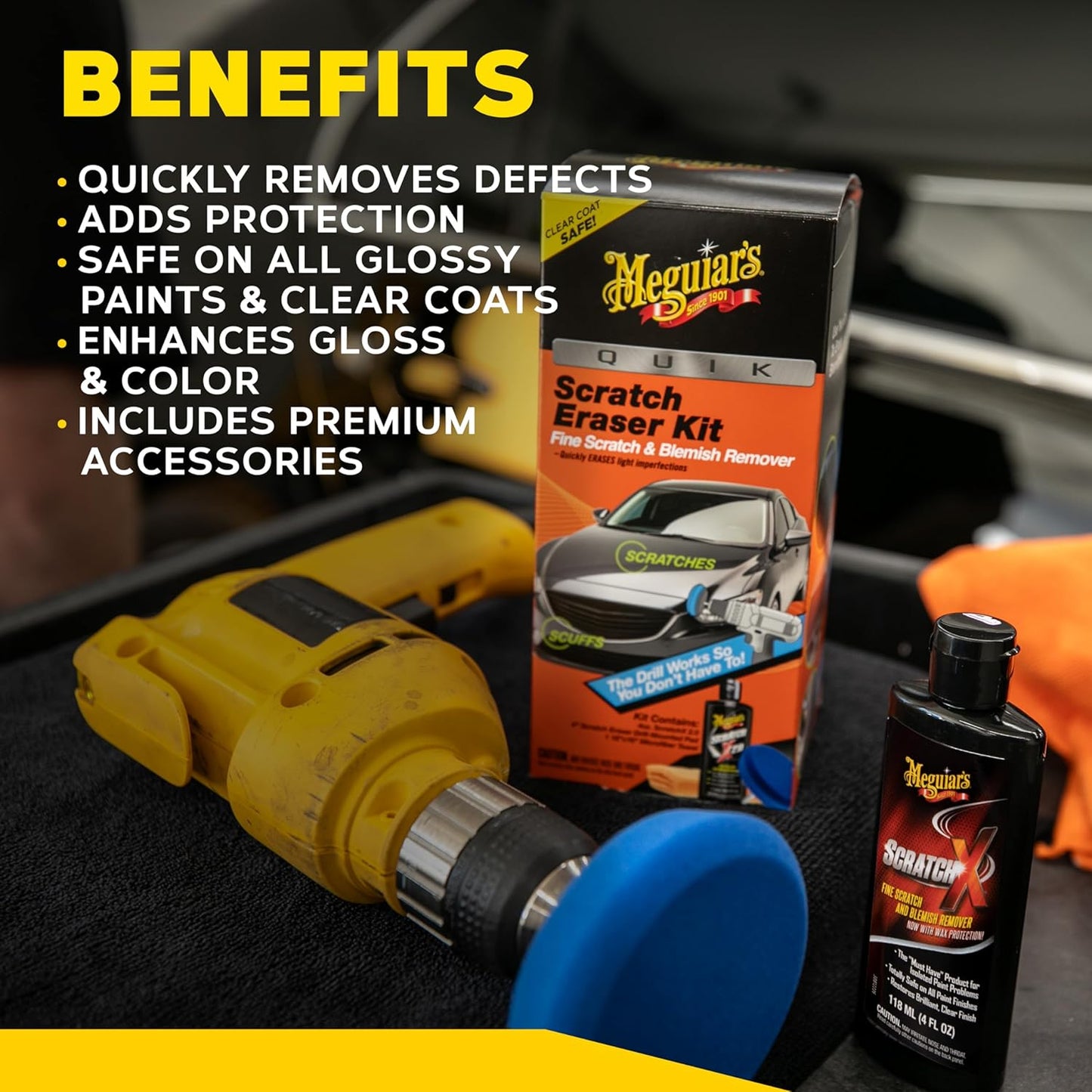 Meguiar’s Quik Scratch Eraser Kit, Car Scratch Remover for Fixing Surface Blemishes, Includes ScratchX, Drill-Mounted Pad, and Microfiber Towel, Great Car Gifts for Men and Women