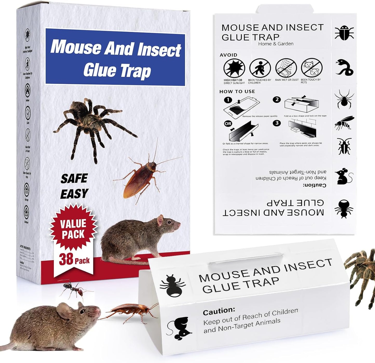 38Pack Mouse & Insect Traps Indoor for Home, Glue Traps for Mice Roach Rats Rodents Ant, Sticky Pest Control Adhesive Tray for Catching Bugs, Sesame Oil Scent Non Toxic Pre-Baited Glue Boards