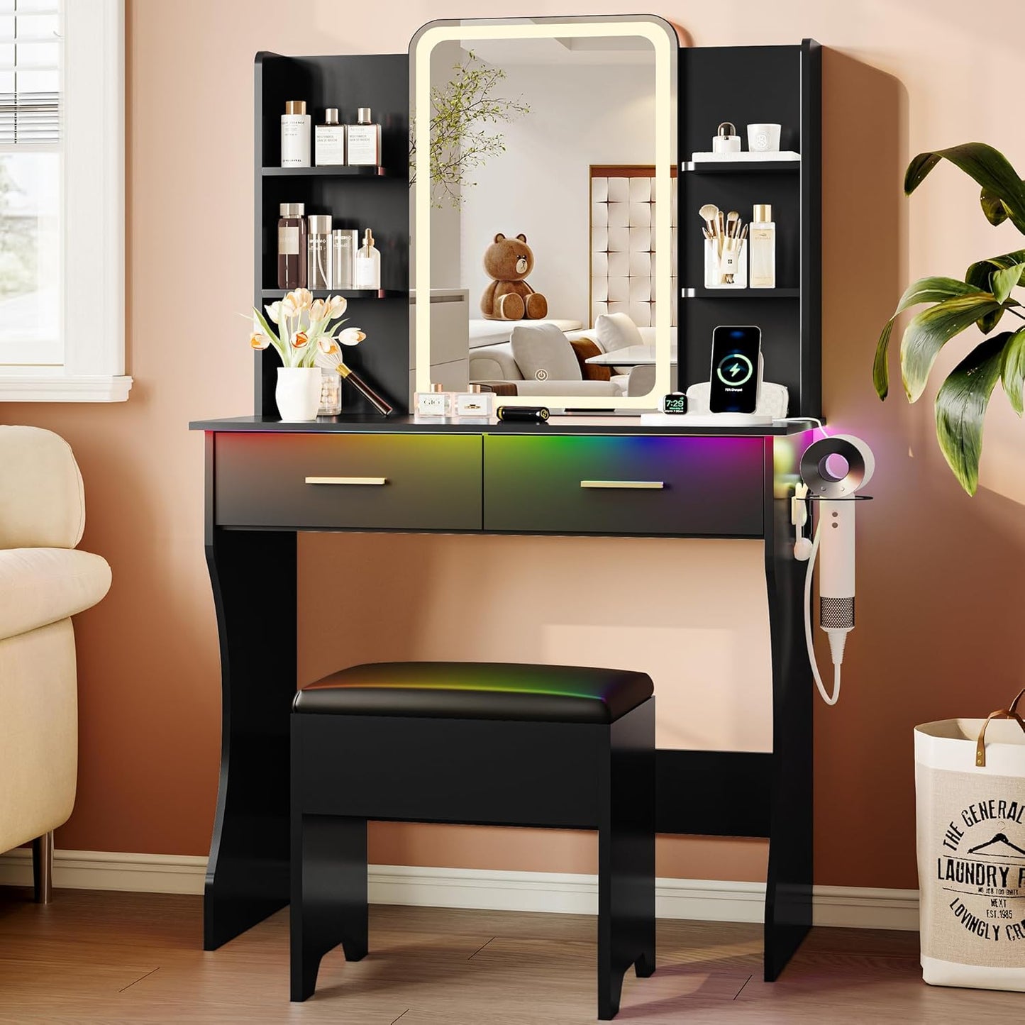 Vanity Desk with LED Lights Mirror & Power Outlet, Small Makeup Vanity Table Set with Storage Drawers & Chair, 3 Lighting Modes & Adjustable Brightness, Dressing Table for Women Girls Bedroom, Black