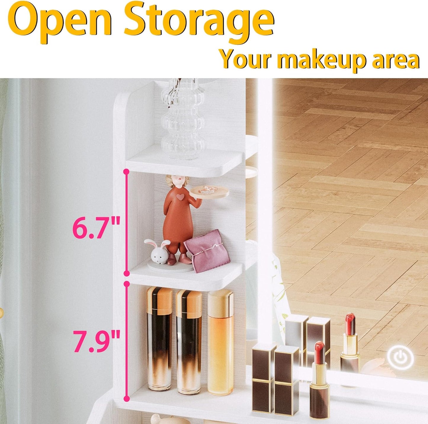 LIKIMIO Small Makeup Vanity Desk with Mirror and Lights, Vanity Table Set with Storage Drawer, Chair and Three Shelves, Bedroom, White