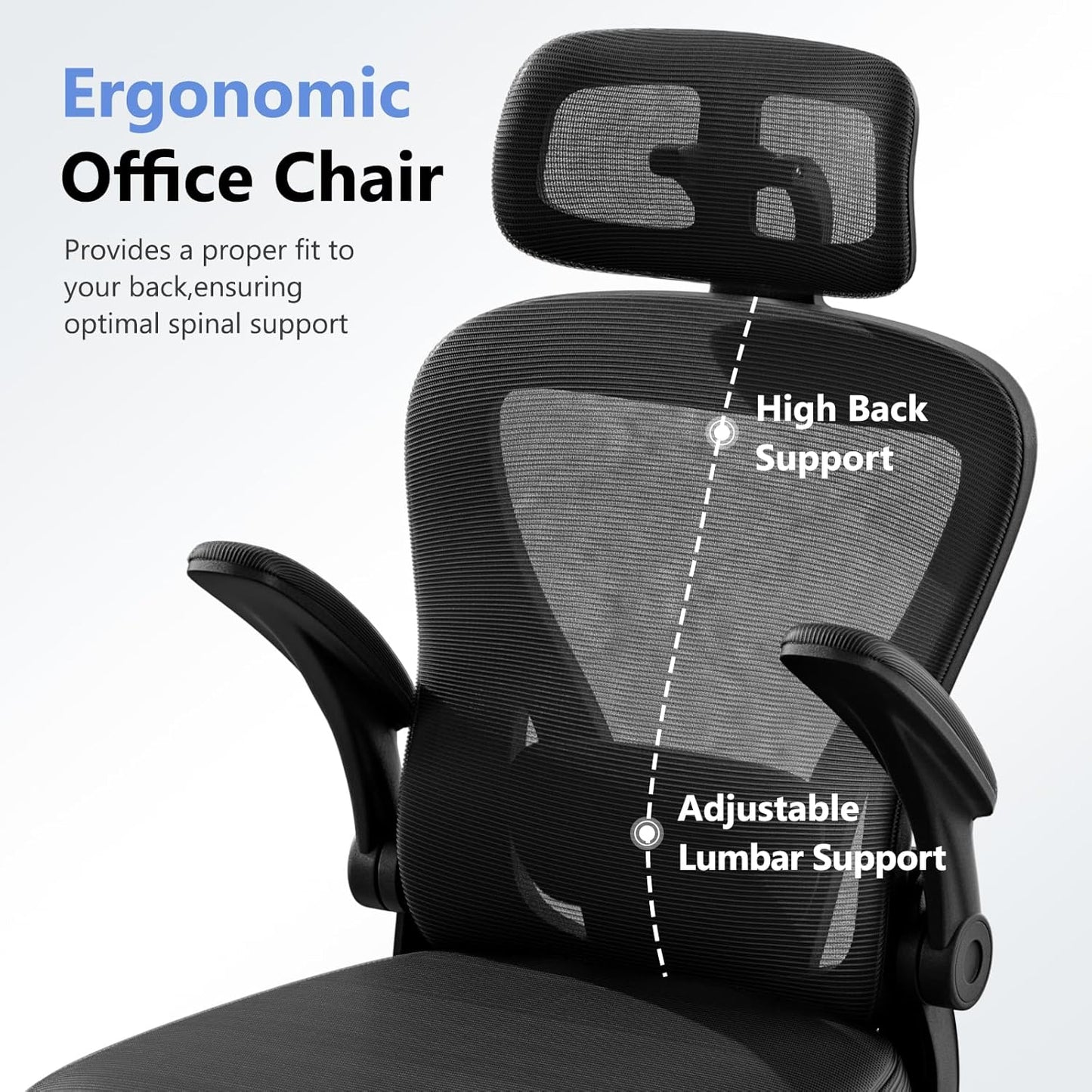 Computer Desk Chair, Ergonomic Office Chair M903 with Wheels, High Back Mesh Office Chair with Adjustable Lumbar Support, Headrest, Flip-Up Armrests, Black