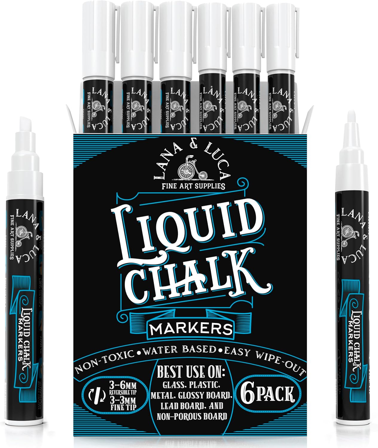 Liquid Chalk Marker Pen - White Dry Erase Marker - Chalkboard Signs, Windows, Blackboard, Glass (6 Pack) 3-6mm Reversible Tip, 3-3mm Fine Tip