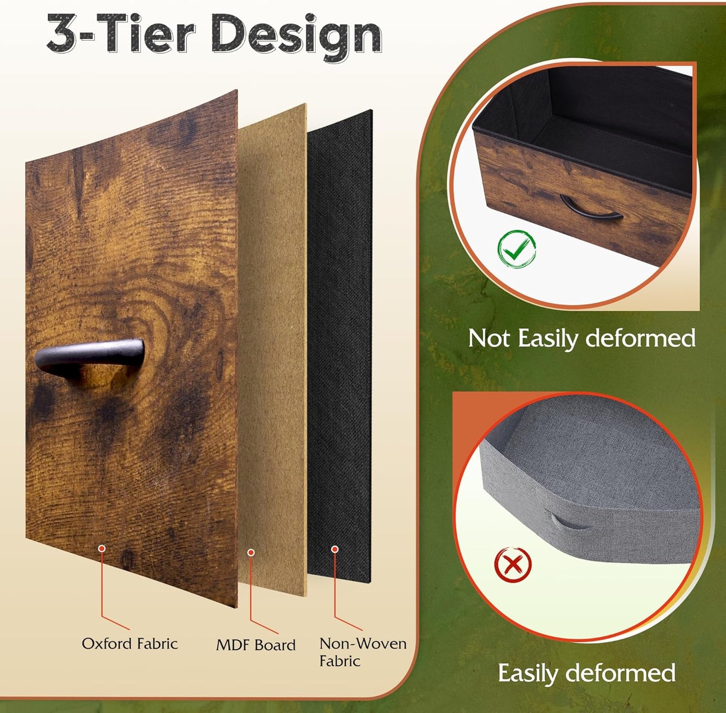 WLIVE Fabric Dresser for Bedroom, 5-Drawer Tall Dressers, Storage Organizer with Fabric Bins, Wood Top, Sturdy Steel Frame, Chest of Drawers for Closet, Hallway, Rustic Brown Wood Grain Print