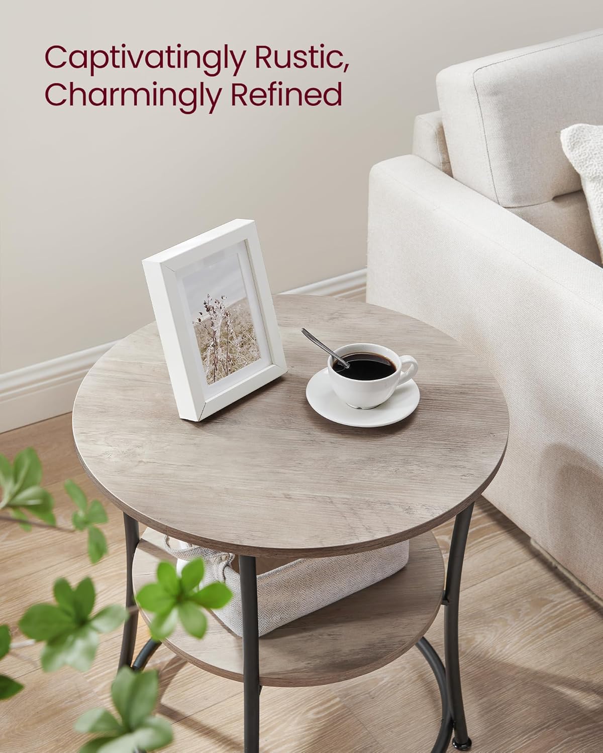 VASAGLE Side Table, 2-Tier Round End Table, Nightstand with Steel Frame for Small Spaces, Living Room, Bedroom, Heather Greige and Ink Black