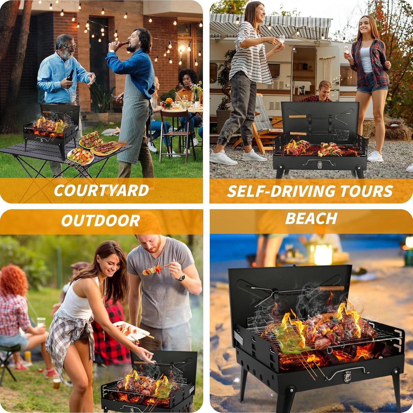 Portable Charcoal Grill Foldable BBQ Grill Kit - Compact Camping Grill for Outdoor BBQ, Cooking, Picnics, Beach, Backyard - Barbecue Accessories with Grill Tools
