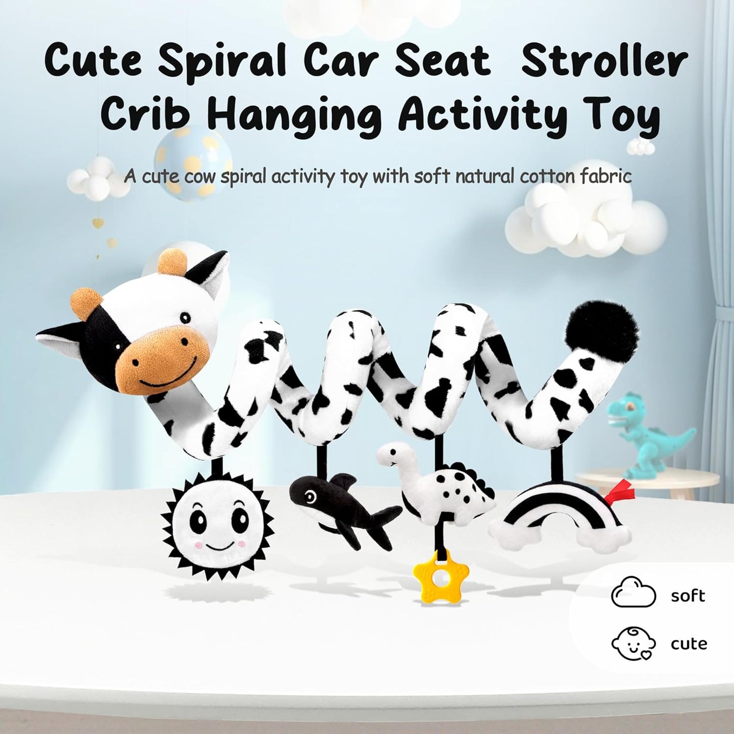 Spiral Car Seat Baby Toys 0-6 Months, Infant Carseat High Contrast Sensory Toys Hanging Stroller Accessories, Newborn Shower Gifts for Baby Boys Essentials Stuff, Cute Black and White Cow