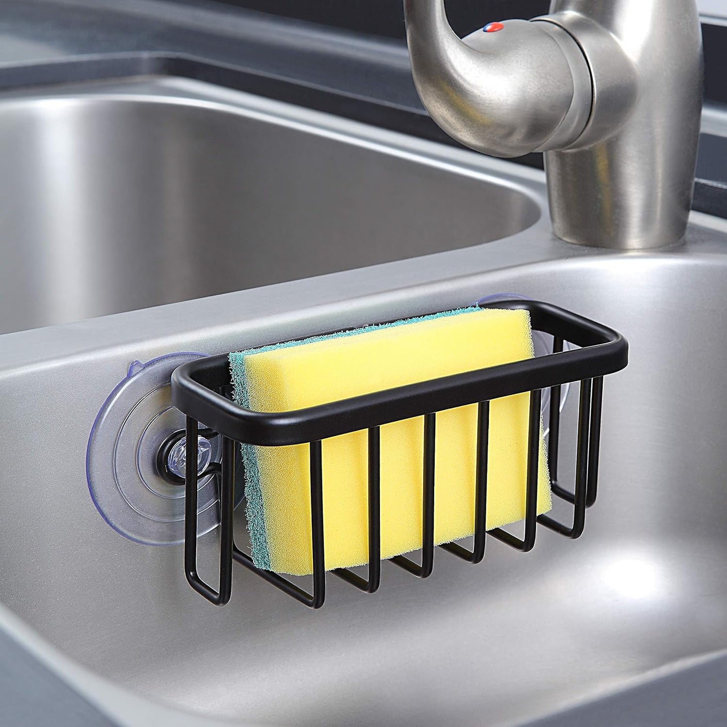 SunnyPoint NeverRust Kitchen & Bathroom Sink Caddy for Sponges, Scrubbers, Soap, 6" x 2.5" x 2.75", with Adhesive Mount - Additional Suction Cup Included –Aluminum (Black)