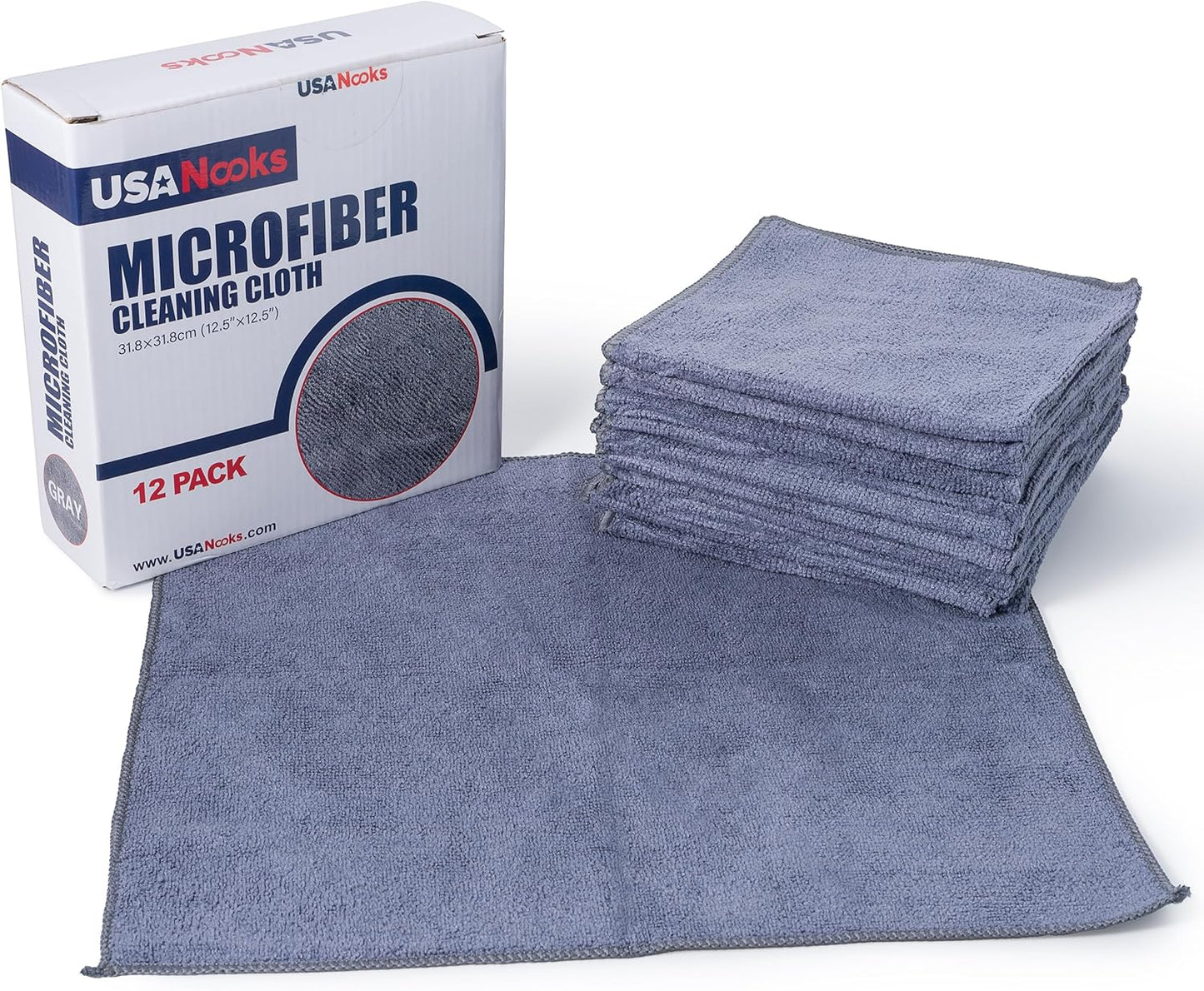 USANOOKS Microfiber Cleaning Cloth Grey - 12 Pcs (12.5"x12.5") - High Performance - 1200 Washes, Ultra Absorbent Microfiber Towel Weave Grime & Liquid for Streak-Free Mirror Shine - Car Washing Cloth