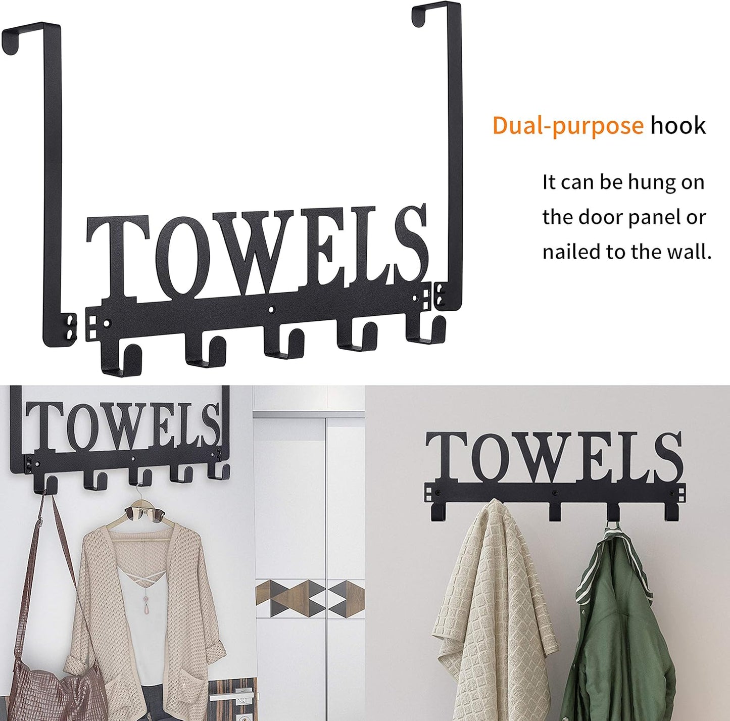 Over The Door Hooks - Towel Holder for Bathroom, Bedroom, Kitchen & Pool - Sandblasted Black Metal Wall Mount