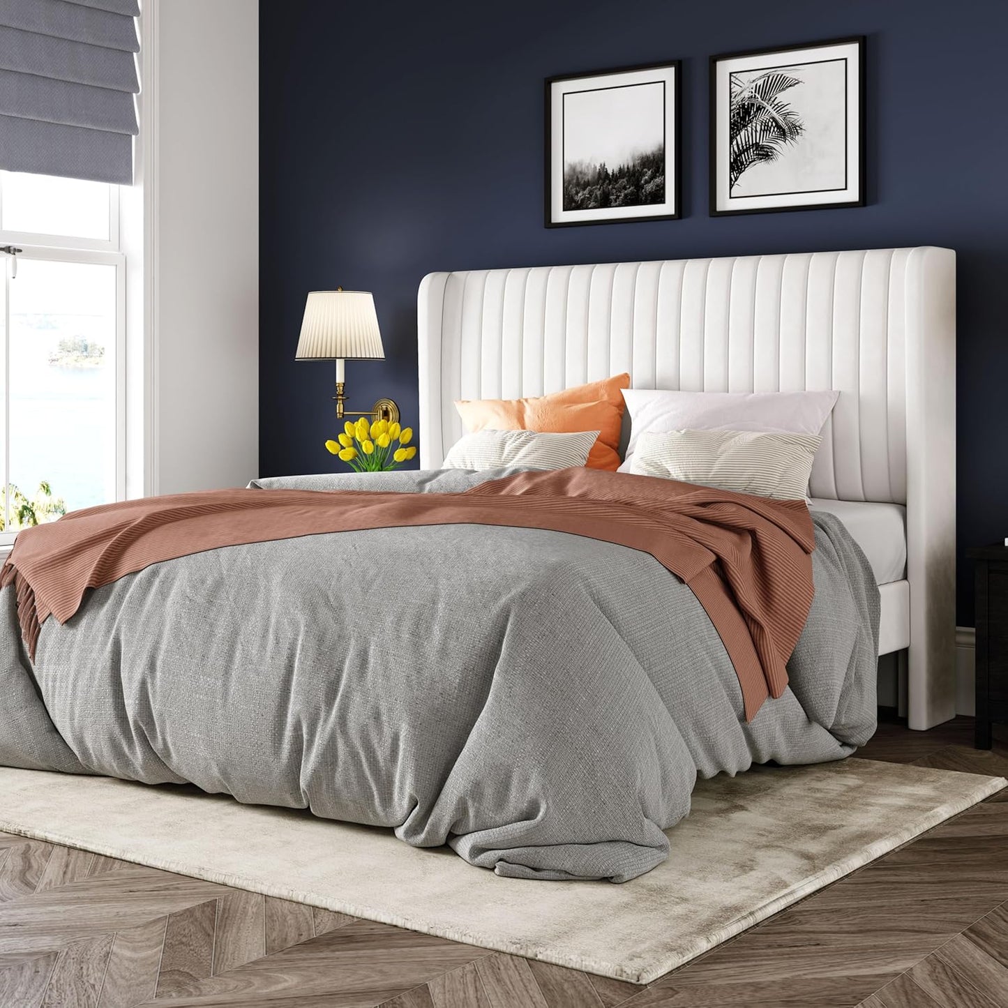 Allewie Full Size Velvet Bed Frame/Vertical Channel Tufted Wingback Headboard/Upholstered Platform Bed/Strong Wooden Slats/No Box Spring Needed/Easy Assembly/White