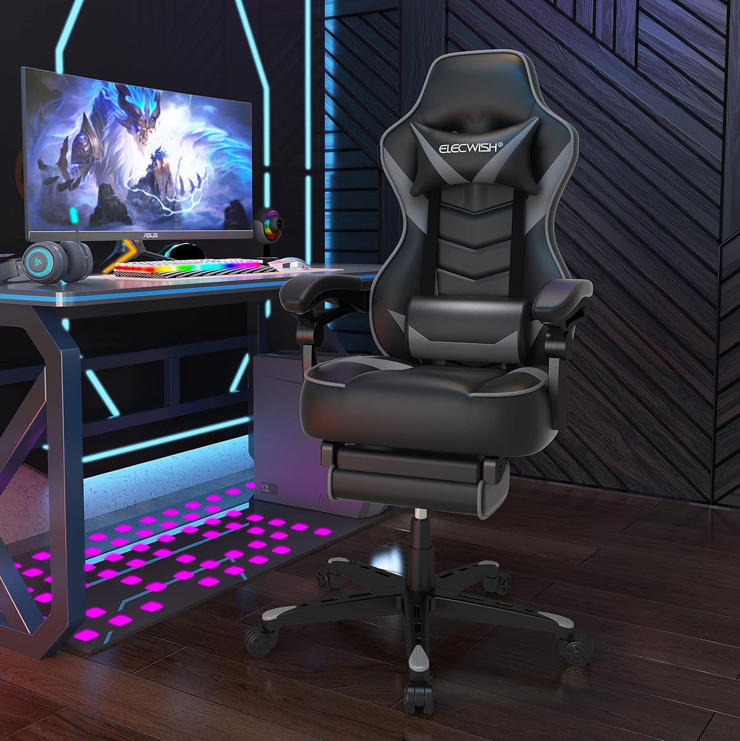 ELECWISH Gaming Chair, Backrest and Seat Height Adjustable Swivel Recliner Racing Office Computer Ergonomic Video Game Chair with Footrest and Lumbar Support, Gray