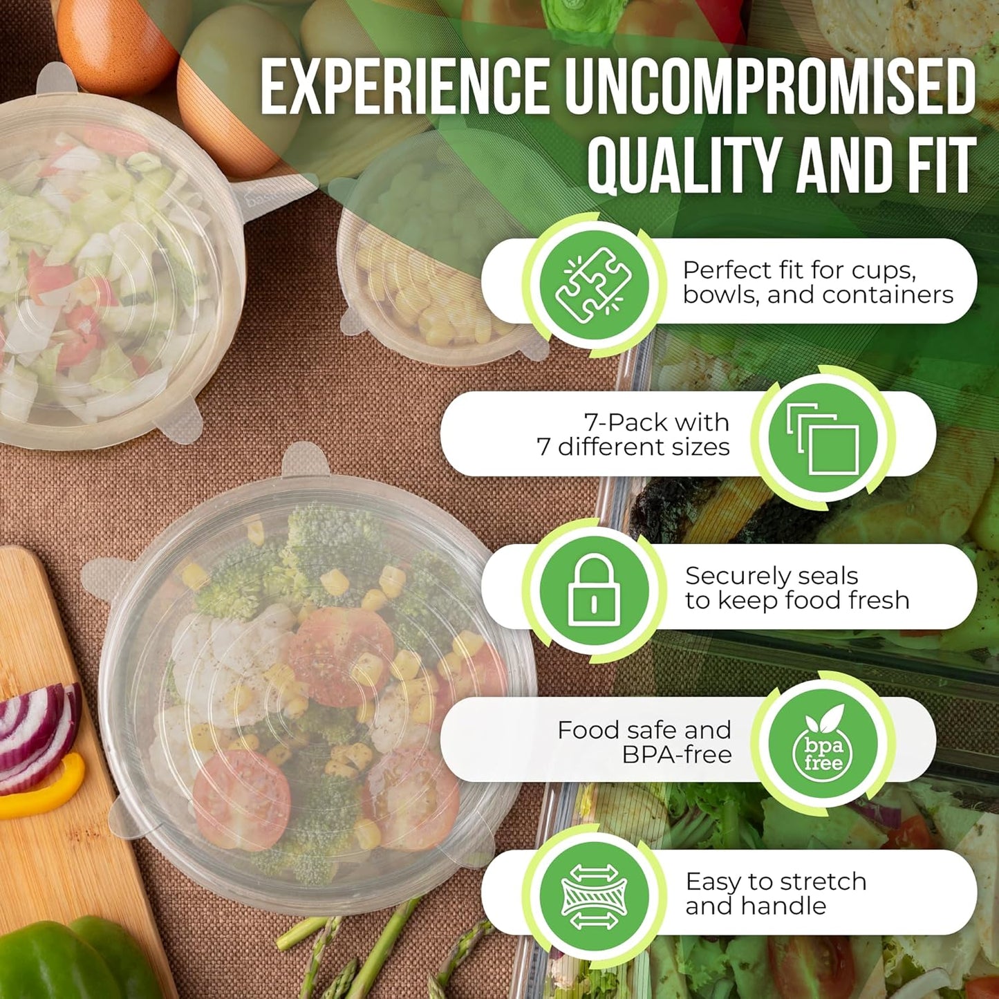 Reusable Silicone Stretch Lids for Food Storage in Fridge - Elastic Heat-Resistant Fits 2.6"–12" Bowl Covers, Cups, Cans, Jars - Universal Food Grade Lid - BPA-Free - Dishwasher Safe -7 Pack