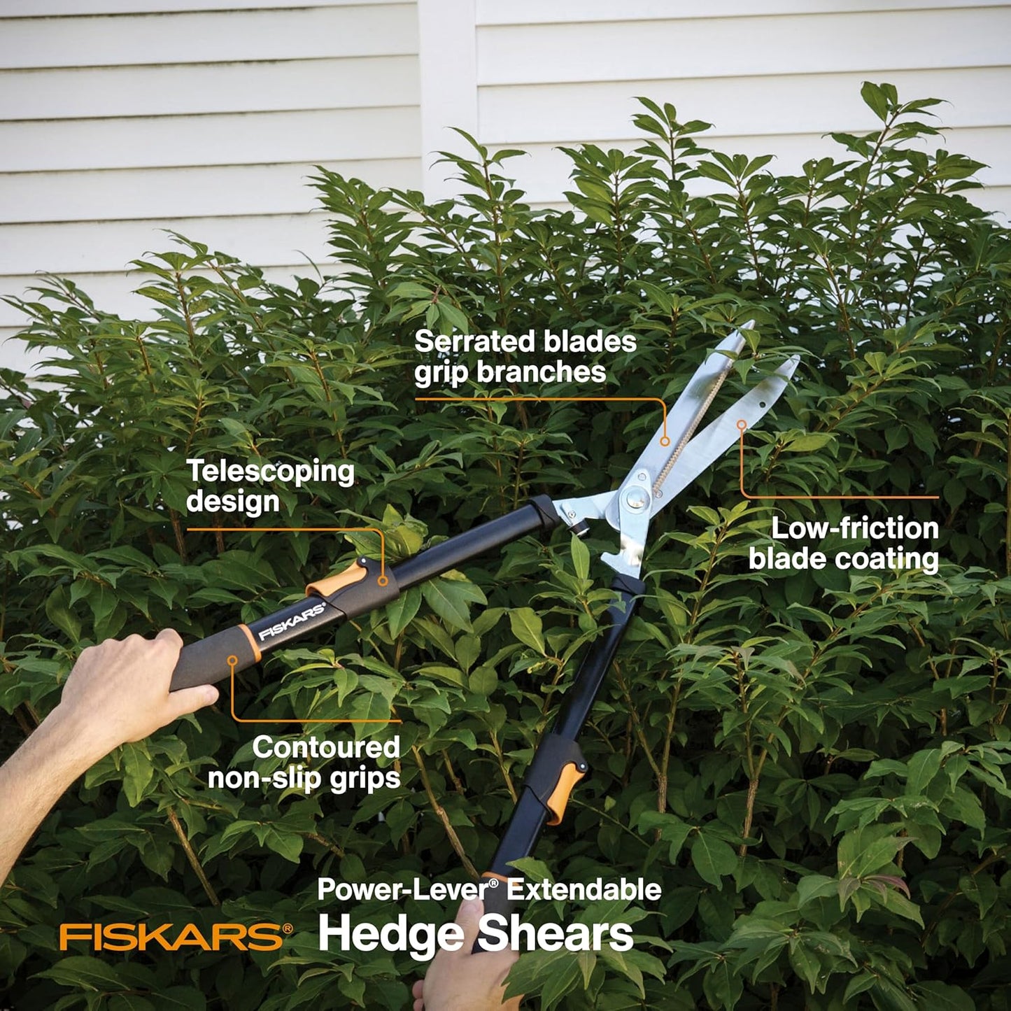 Fiskars Power-Lever Hedge Shears - 25"-33" Extendable Handle - Plant Cutting Scissors - Yard and Garden Tools - Orange/Black