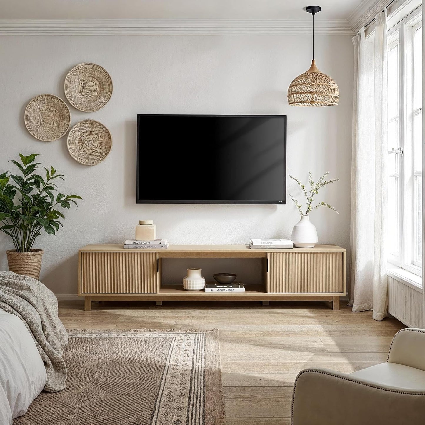 Walker Edison Arundo Fluted TV Stand for TVs up to 80 Inches, 70" TV Stand, Coastal Oak