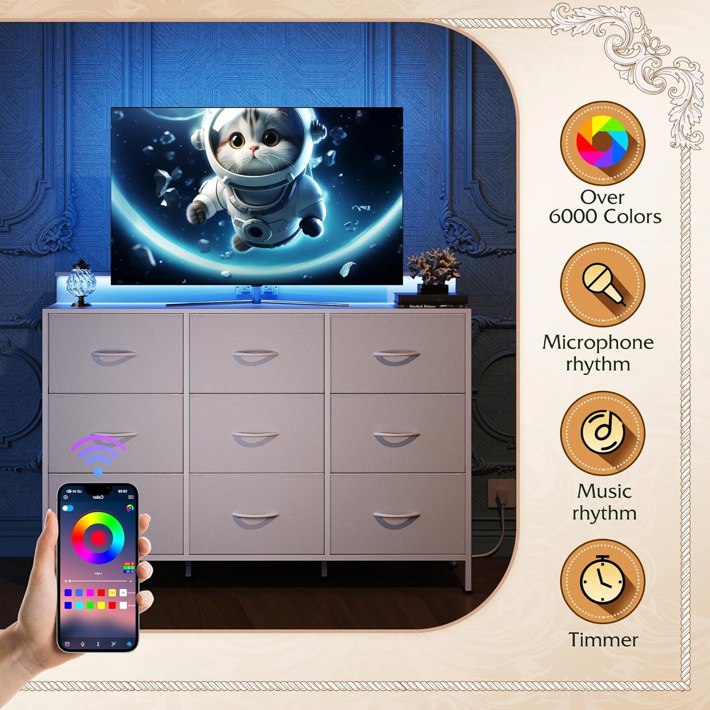 WLIVE White TV Stand for 45, 50, 55 inch TV, Entertainment Center with LED Lights & Charging Station, TV Media Console Table with 9 Fabric Drawers and Open Shelves for Living Room, Hallway, Wood Top