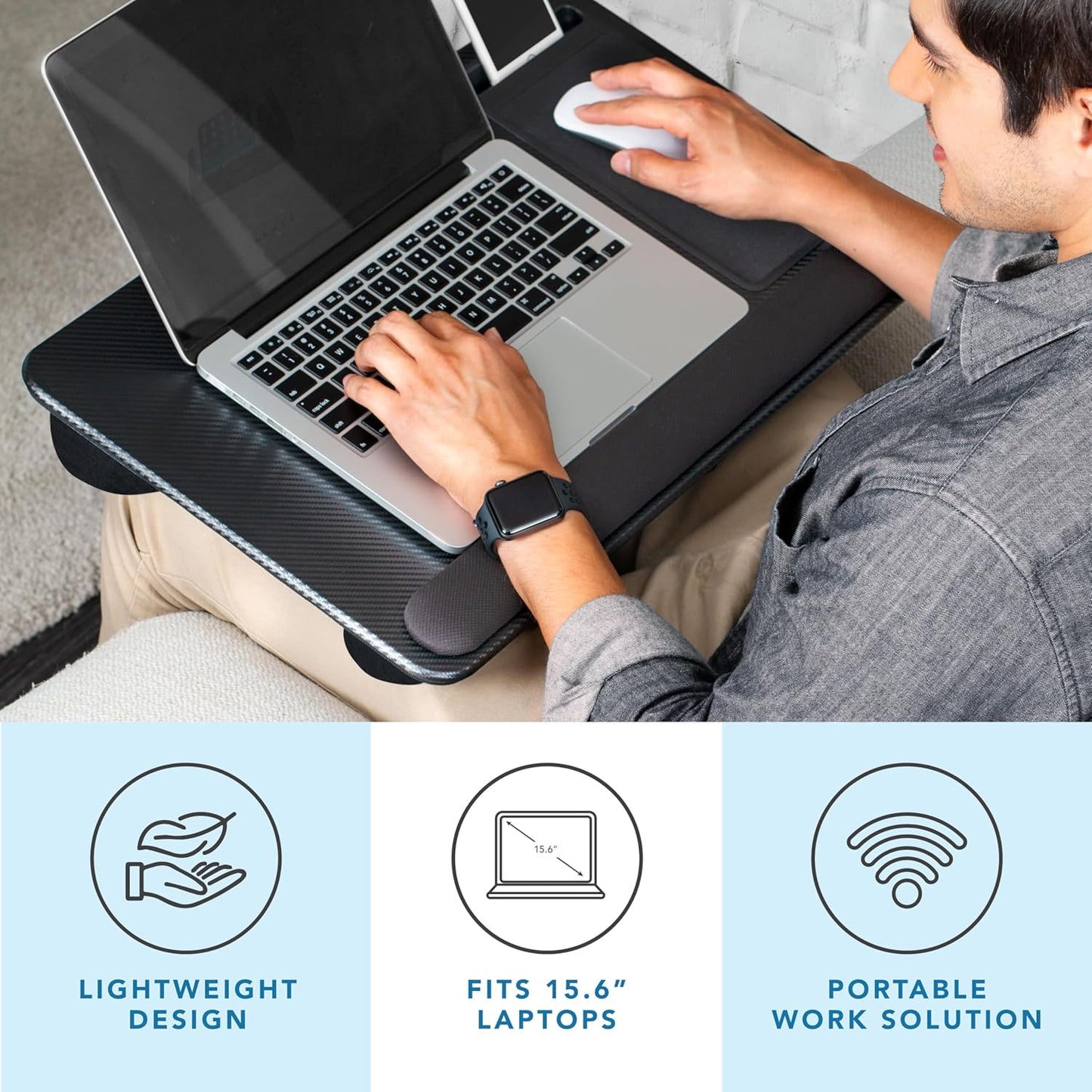 LAPGEAR Home Office Pro Lap Desk with Wrist Rest, Mouse Pad, and Phone Holder - Black Carbon - Fits up to 15.6 Inch Laptops - Style No. 91598