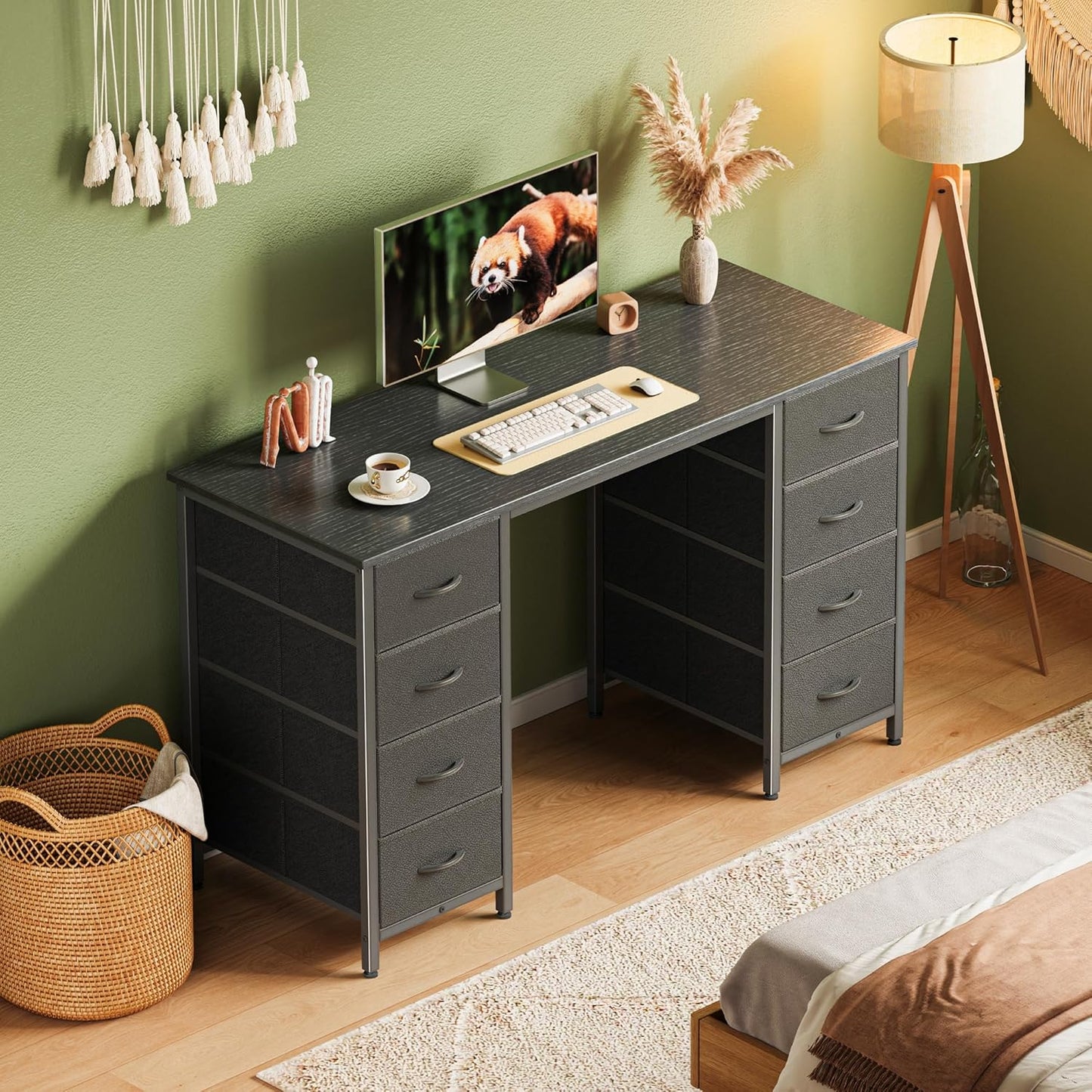 Huuger 47 Inch Computer Desk with 8 Fabric Drawers, Office Desk Work Desk for Home Office, Study, Gaming Desk with Drawers, Large Storage, Black