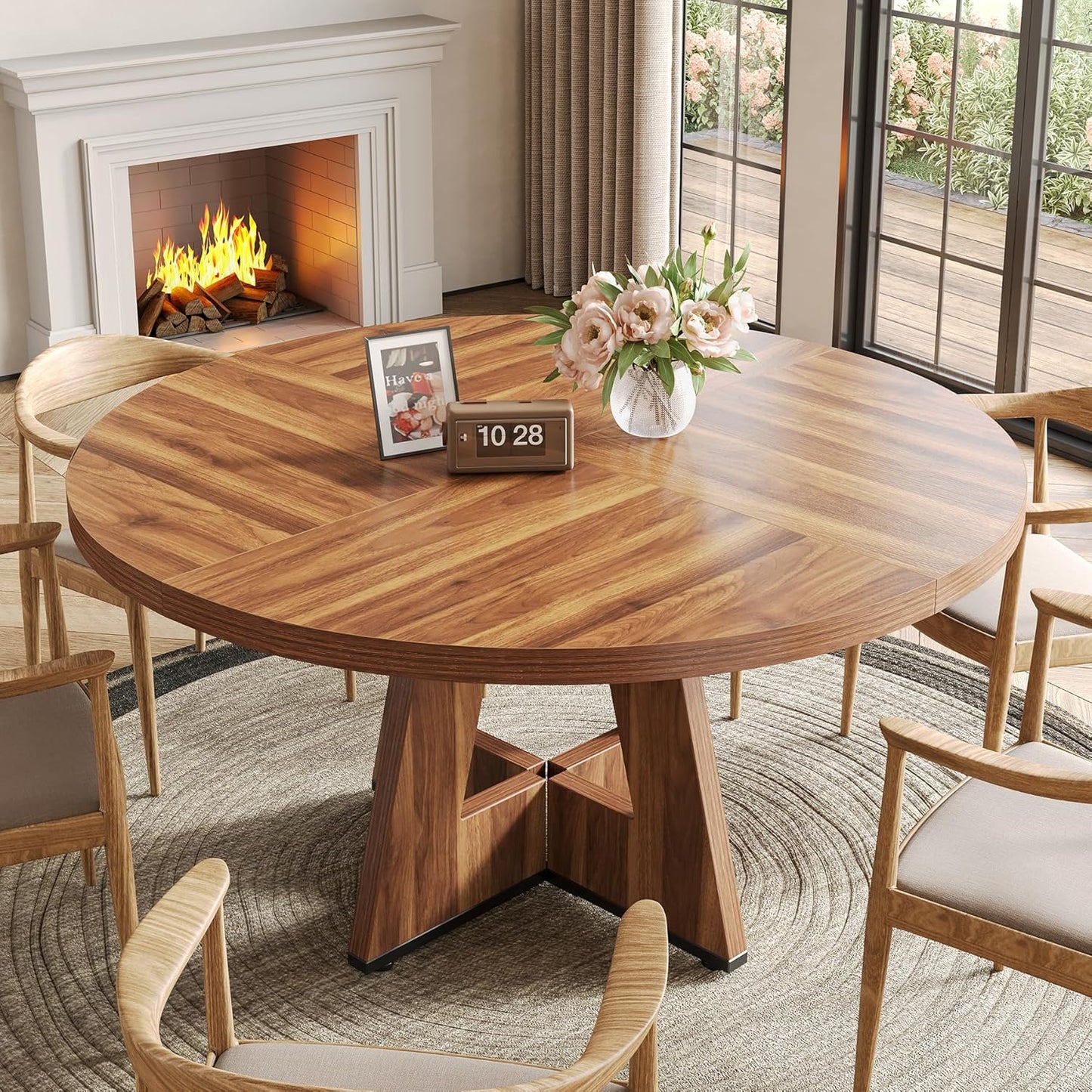LITTLE TREE Round Dining Table for 4-6 People, 47 Inches Dining Room Table with Wooden Pedestal Base, Brown Dinner Tables, Circle Kitchen Tables for Dining Room, Kitchen, Living Room(Table Only)