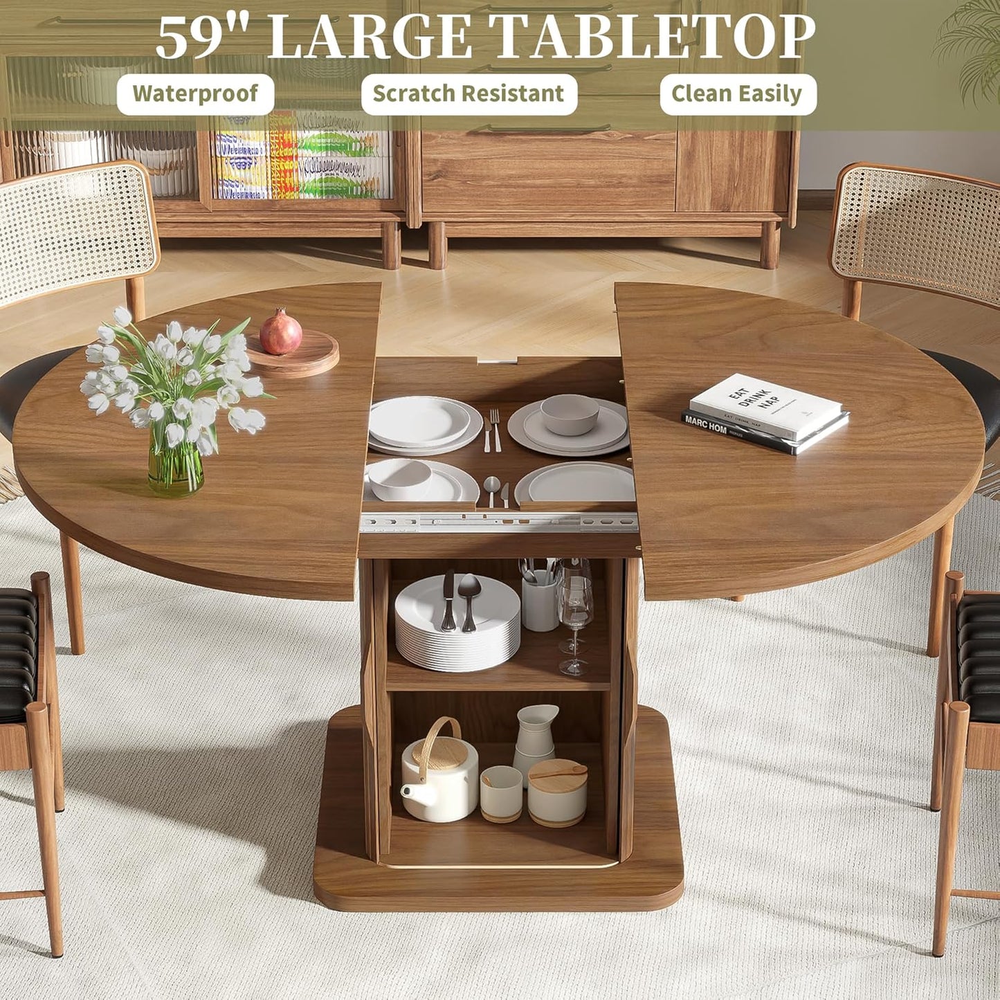 Extendable Round Dining Table for 4-6-8, 59 Inch Dining Room Kitchen Table with Storage, Fluted Wood Slide Door, Modern Oval Circle Dinner Furniture for Living Room, Farmhouse, Brown, Walnut
