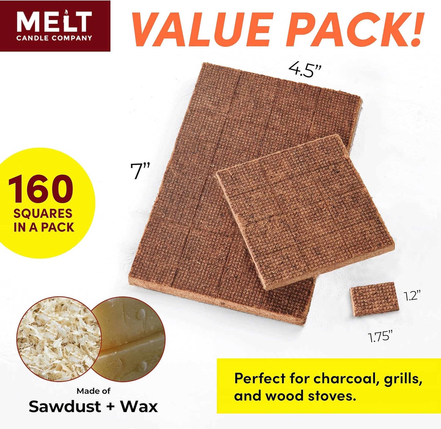Melt Candle Company Fire Starter Squares, 160 Pieces - Fire Starters Kit for Campfires, Grill, Outdoor Fire Pit, Fireplace, BBQ - Water Resistant & Odorless - Camping Accessories